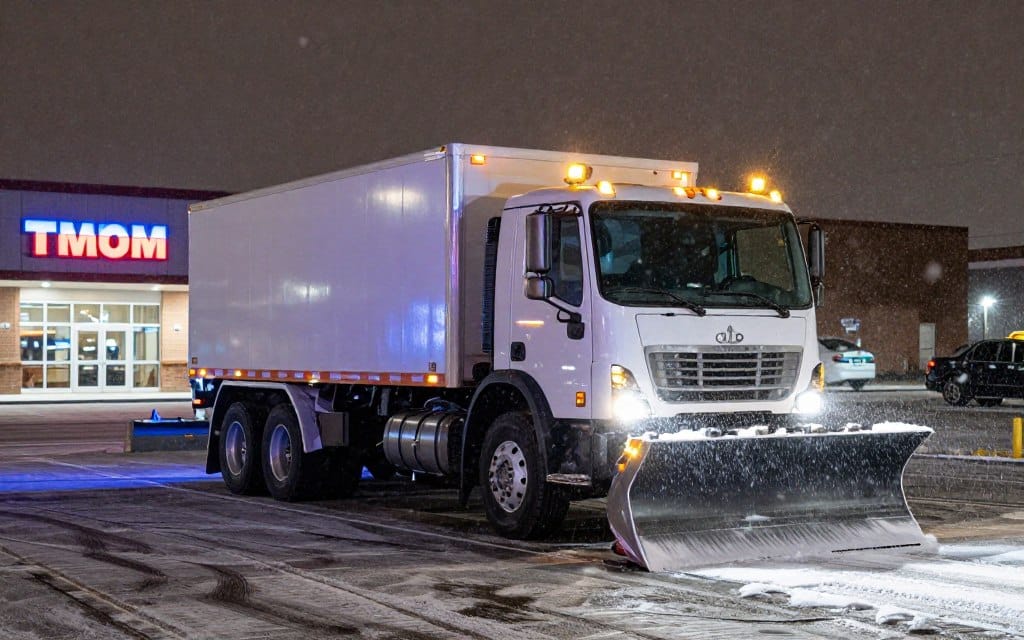 night time commercial snow removal in progress at Ludlow business property