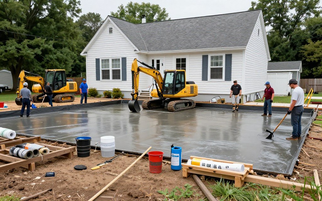 professional waterproofing crew working on residential project