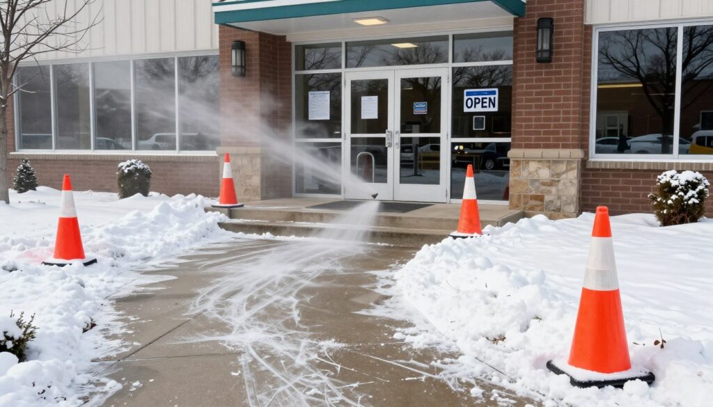 safely cleared and treated commercial property entrance in Ludlow after snow removal