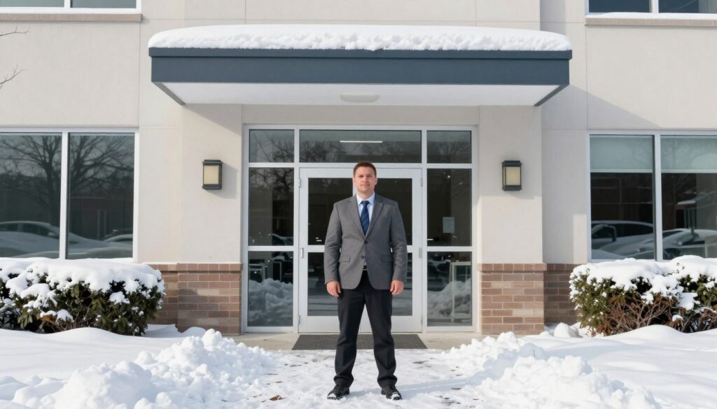 satisfied business owner with cleared safe commercial property after snow removal service