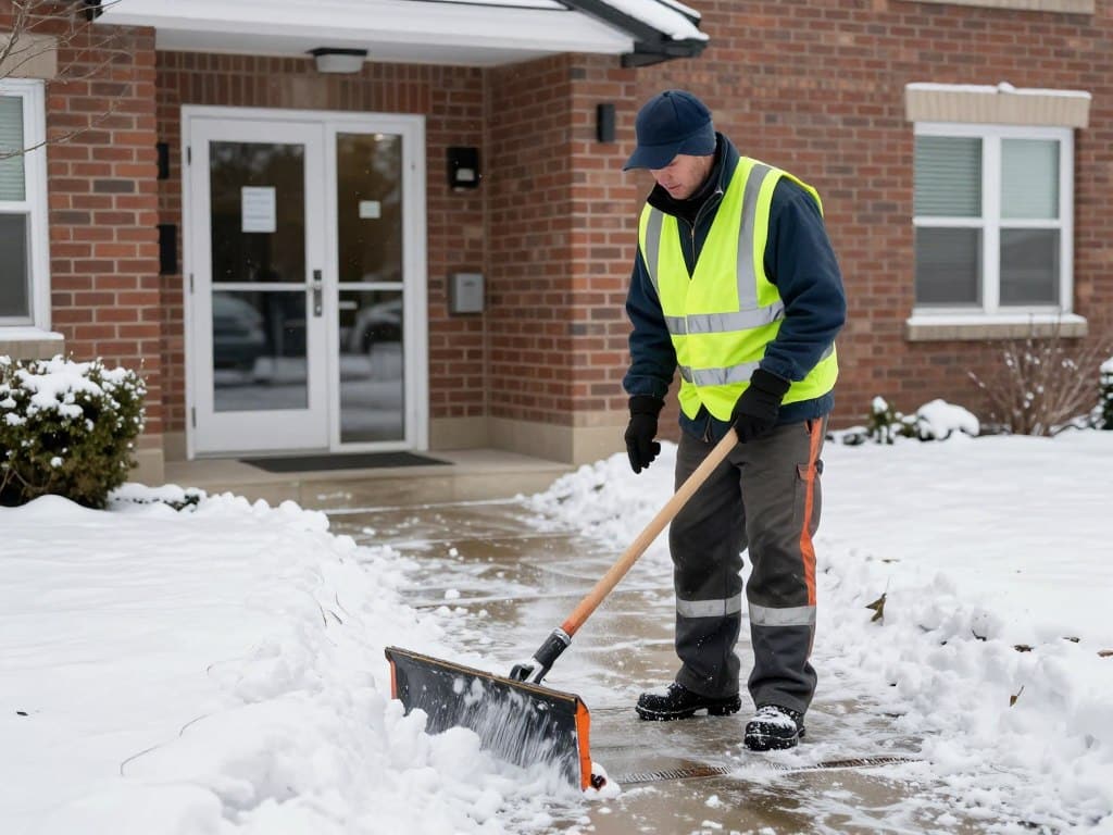 snow removal crew treating commercial walkway with ice management materials in Ludlow