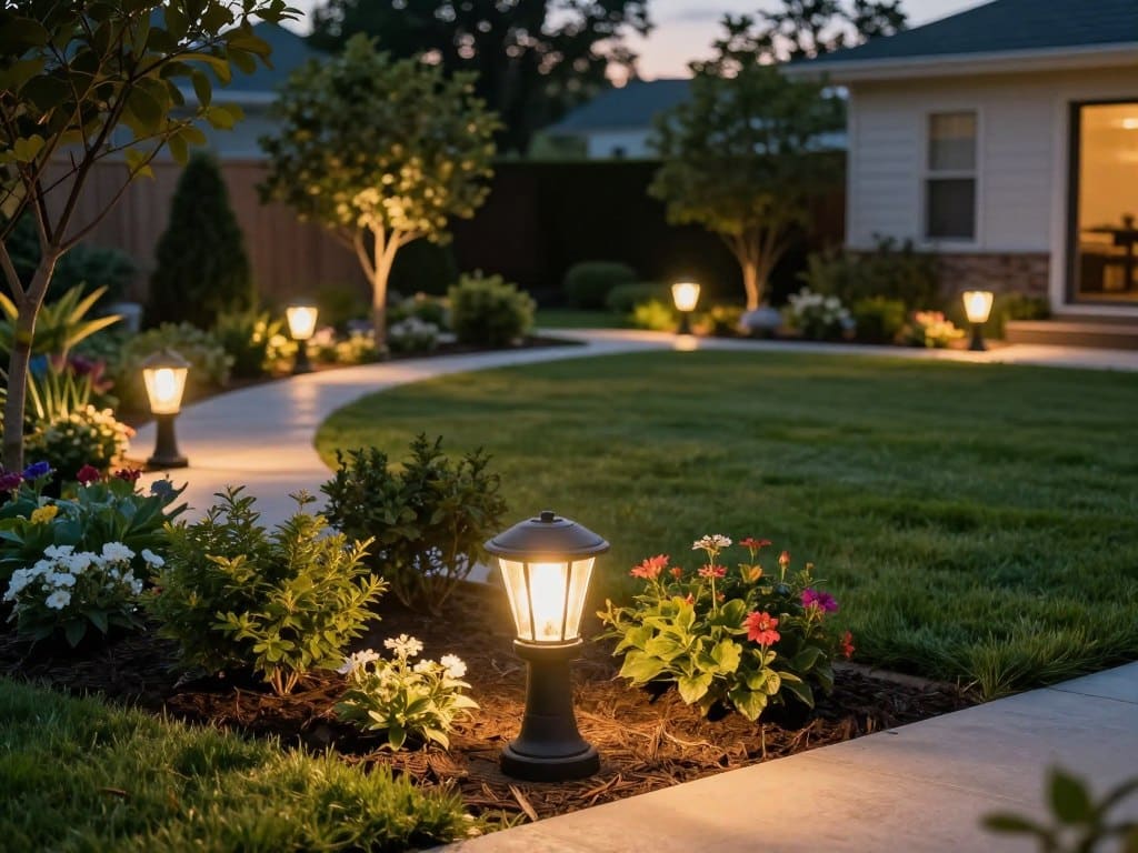 A beautifully arranged display of St. Clair Landscaping's low voltage landscape lighting kits, positioned in a tranquil backyard setting. In the foreground, an elegant lighting kit showcases polished, durable fixtures gently illuminating flower beds and shrubs. The middle ground features a lush, well-kept lawn with pathways accentuated by soft, warm lights, creating a welcoming atmosphere. In the background, softly lit trees and greenery fade into soft twilight, enhancing a serene evening ambiance. The scene is captured with a warm, inviting glow, suggesting an ideal outdoor retreat. Utilize a slightly elevated angle to present an expansive view of the layout, with a focus on the lighting's effectiveness in enhancing the garden's beauty. The mood is peaceful and inviting, perfect for outdoor gatherings. A beautifully arranged display of St. Clair Landscaping's low voltage landscape lighting kits, positioned in a tranquil backyard setting. In the foreground, an elegant lighting kit showcases polished, durable fixtures gently illuminating flower beds and shrubs. The middle ground features a lush, well-kept lawn with pathways accentuated by soft, warm lights, creating a welcoming atmosphere. In the background, softly lit trees and greenery fade into soft twilight, enhancing a serene evening ambiance. The scene is captured with a warm, inviting glow, suggesting an ideal outdoor retreat. Utilize a slightly elevated angle to present an expansive view of the layout, with a focus on the lighting's effectiveness in enhancing the garden's beauty. The mood is peaceful and inviting, perfect for outdoor gatherings.