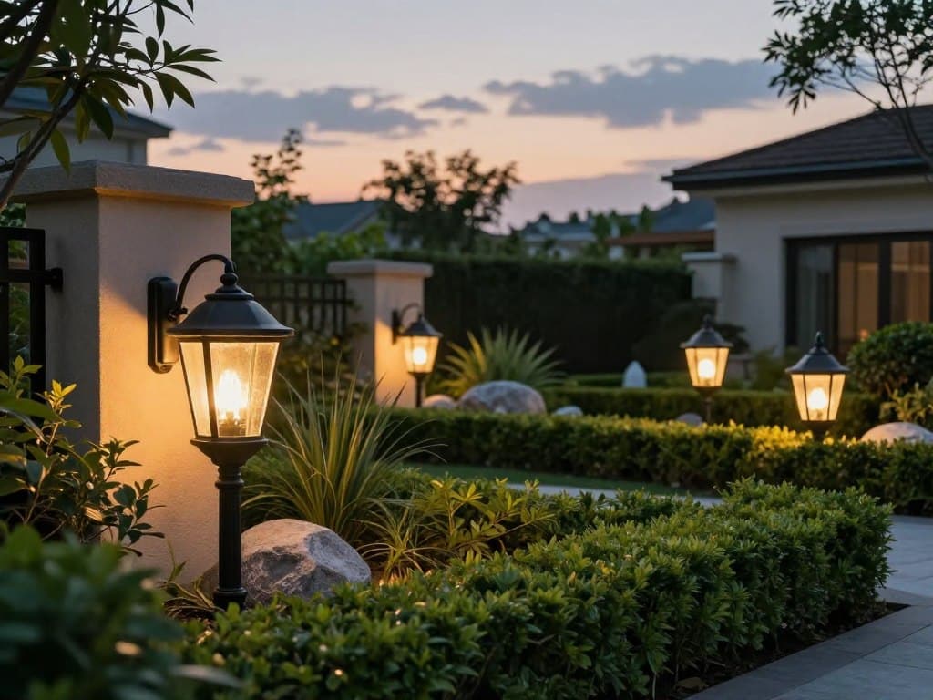 A beautifully arranged display of elegant black brass outdoor lighting fixtures, showcasing various styles such as lanterns and wall sconces, positioned prominently in the foreground. The fixtures emanate a warm, inviting glow, casting gentle light onto surrounding lush greenery. In the middle ground, a well-maintained landscape features neatly trimmed hedges and decorative stones, harmonizing with the fixtures. The background reveals a twilight sky transitioning into dusk, with soft clouds diffusing the last rays of sunlight. The atmosphere is serene and tranquil, embodying a perfect evening in a residential yard. The image is captured from a slightly elevated angle, emphasizing the fixtures and their integration into the landscape, utilizing a soft focus to enhance the mood. A beautifully arranged display of elegant black brass outdoor lighting fixtures, showcasing various styles such as lanterns and wall sconces, positioned prominently in the foreground. The fixtures emanate a warm, inviting glow, casting gentle light onto surrounding lush greenery. In the middle ground, a well-maintained landscape features neatly trimmed hedges and decorative stones, harmonizing with the fixtures. The background reveals a twilight sky transitioning into dusk, with soft clouds diffusing the last rays of sunlight. The atmosphere is serene and tranquil, embodying a perfect evening in a residential yard. The image is captured from a slightly elevated angle, emphasizing the fixtures and their integration into the landscape, utilizing a soft focus to enhance the mood.