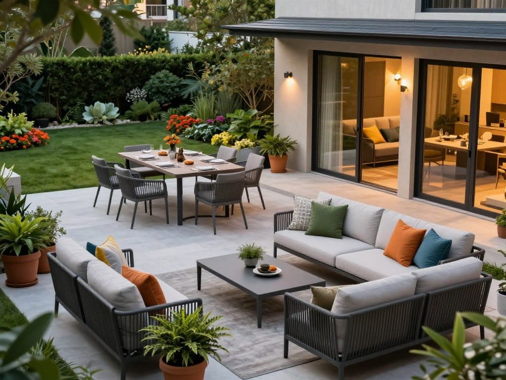 A beautifully designed outdoor living space featuring a modern patio with elegant seating arrangements and a lush garden. In the foreground, a stylish outdoor sofa adorned with colorful cushions sits next to a sleek coffee table, surrounded by potted plants. The middle ground showcases a semi-enclosed dining area with a large table set for a meal, surrounded by contemporary outdoor chairs. In the background, a well-manicured lawn and flowering shrubs create a vibrant environment. The scene is illuminated by soft, warm lighting, suggesting either a late afternoon or early evening ambiance. The viewpoint should be slightly elevated, capturing the full layout and inviting atmosphere of the space, evoking a sense of relaxation and modern living.