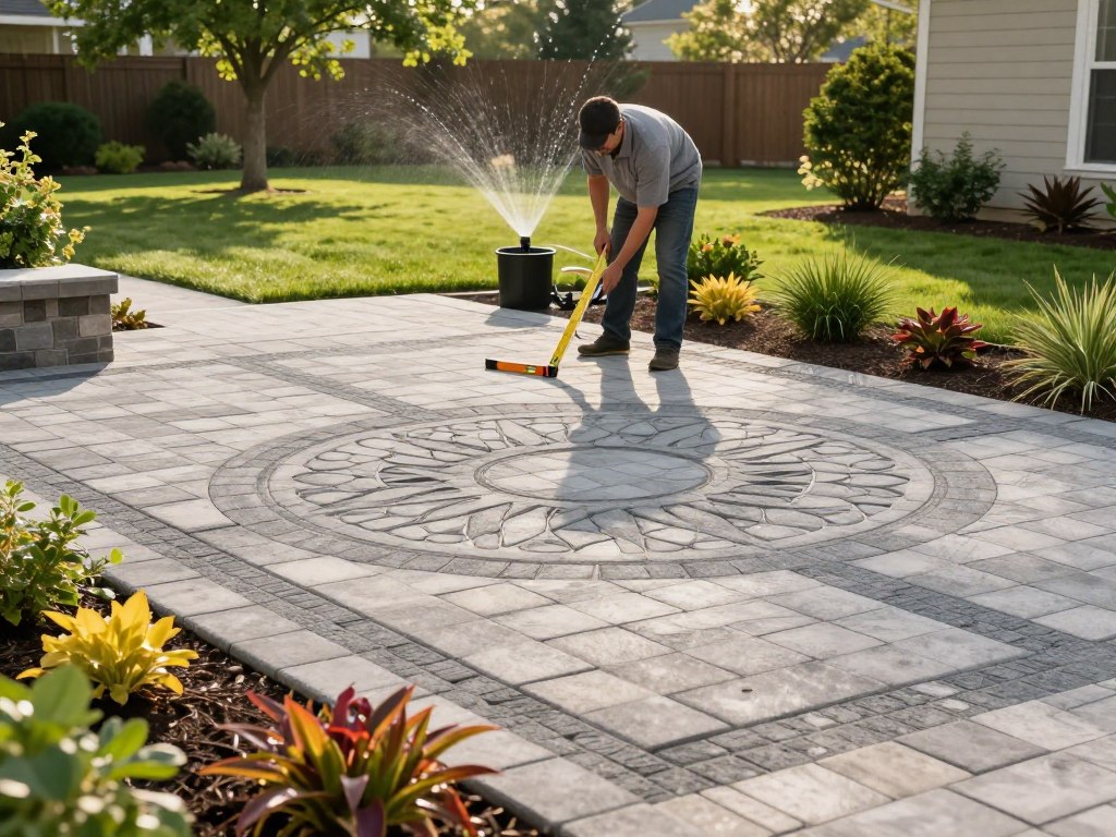 A beautifully designed outdoor space featuring a stunning paver patio, symbolizing the expertise of St. Clair Landscaping and Irrigation. In the foreground, highlight intricate paver patterns shaped in geometric designs, with vibrant plants growing around the edges. The middle ground showcases a professional landscaper in modest casual clothing, carefully examining the patio layout, using tools like a measuring tape and a level. In the background, lush green lawns, ornamental trees, and a well-maintained irrigation system are visible, demonstrating the integration of landscaping and irrigation. Soft afternoon sunlight casts gentle shadows, creating a warm, inviting atmosphere. Capture this scene from a slightly elevated angle to give depth and perspective, ensuring no text or logos are present in the image. A beautifully designed outdoor space featuring a stunning paver patio, symbolizing the expertise of St. Clair Landscaping and Irrigation. In the foreground, highlight intricate paver patterns shaped in geometric designs, with vibrant plants growing around the edges. The middle ground showcases a professional landscaper in modest casual clothing, carefully examining the patio layout, using tools like a measuring tape and a level. In the background, lush green lawns, ornamental trees, and a well-maintained irrigation system are visible, demonstrating the integration of landscaping and irrigation. Soft afternoon sunlight casts gentle shadows, creating a warm, inviting atmosphere. Capture this scene from a slightly elevated angle to give depth and perspective, ensuring no text or logos are present in the image.