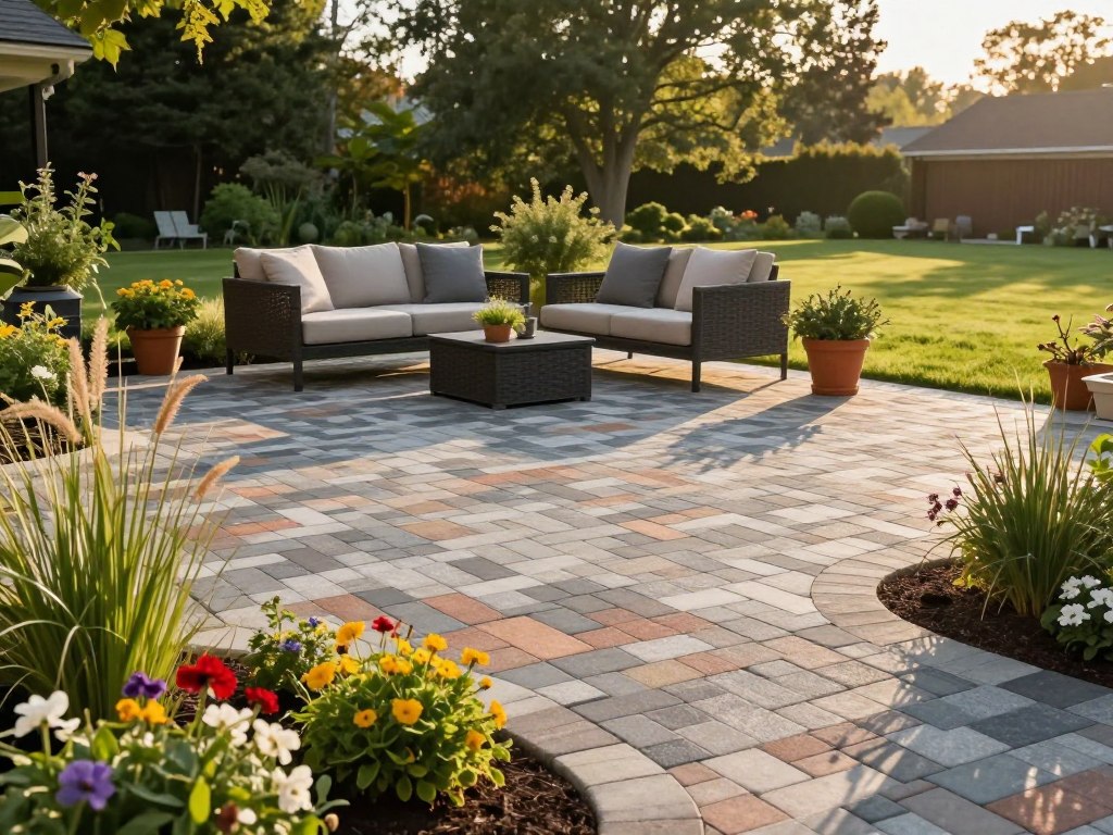 A beautifully designed paver patio, showcasing a variety of paver styles and colors arranged in an intricate pattern. In the foreground, a landscaped garden features vibrant flowers and ornamental grasses that frame the patio. In the middle, a cozy seating area with modern outdoor furniture is strategically placed on the patio, inviting relaxation; potted herbs and small plants add a touch of greenery. The background includes a well-maintained lawn and tall trees, suggesting a serene outdoor setting. The scene is illuminated by warm, golden hour sunlight, casting soft shadows and creating an inviting atmosphere. The camera angle is slightly elevated, providing a comprehensive view of the patio’s layout and design elements, reflecting trendy features and practical tips without any text or distractions. A beautifully designed paver patio, showcasing a variety of paver styles and colors arranged in an intricate pattern. In the foreground, a landscaped garden features vibrant flowers and ornamental grasses that frame the patio. In the middle, a cozy seating area with modern outdoor furniture is strategically placed on the patio, inviting relaxation; potted herbs and small plants add a touch of greenery. The background includes a well-maintained lawn and tall trees, suggesting a serene outdoor setting. The scene is illuminated by warm, golden hour sunlight, casting soft shadows and creating an inviting atmosphere. The camera angle is slightly elevated, providing a comprehensive view of the patio’s layout and design elements, reflecting trendy features and practical tips without any text or distractions.