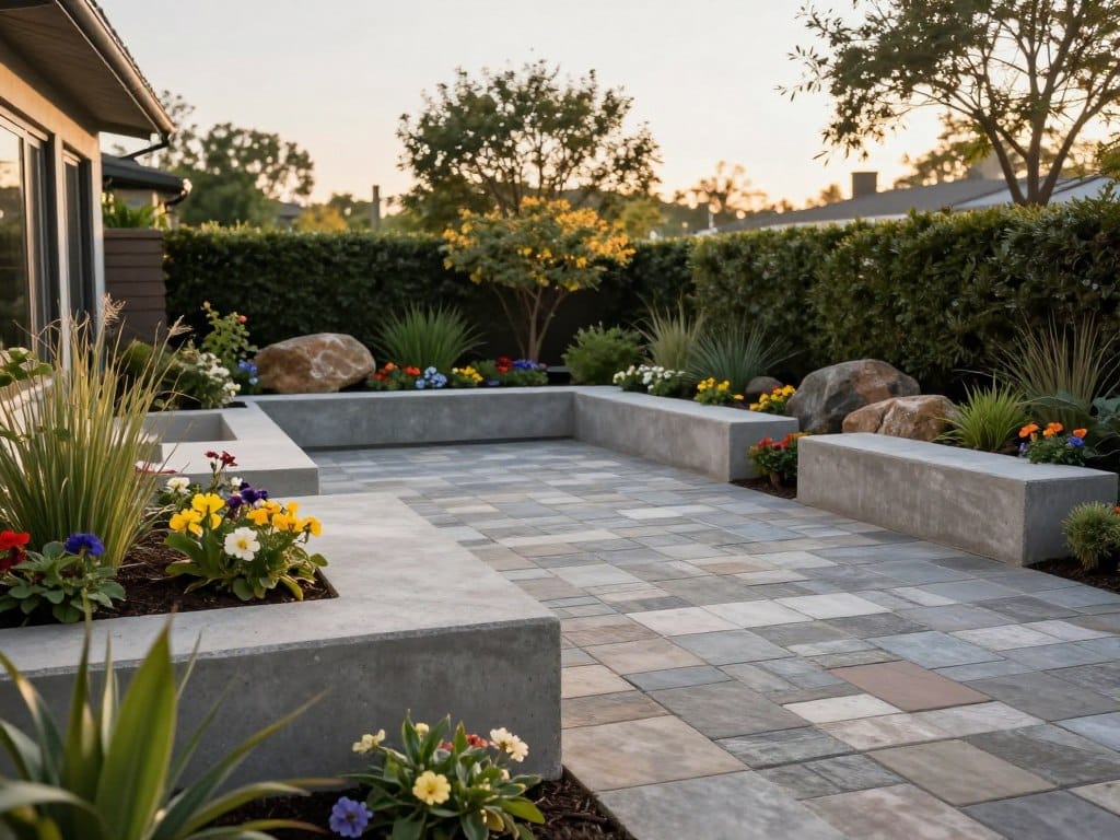 A beautifully designed residential outdoor space featuring a paver patio elegantly integrated with concrete blocks as key landscape features. In the foreground, showcase various-sized concrete blocks arranged artistically to form garden beds, with vibrant flowers and greenery emerging from them. In the middle, highlight a well-constructed paver patio, featuring a harmonious blend of stone colors, set against a backdrop of lush shrubs and decorative rocks. The background displays softly lit trees and a clear sky, creating a serene atmosphere. Use warm, natural lighting to enhance textures and colors, capturing a wide-angle view that combines depth and detail, evoking a sense of tranquility and sophistication in outdoor living. A beautifully designed residential outdoor space featuring a paver patio elegantly integrated with concrete blocks as key landscape features. In the foreground, showcase various-sized concrete blocks arranged artistically to form garden beds, with vibrant flowers and greenery emerging from them. In the middle, highlight a well-constructed paver patio, featuring a harmonious blend of stone colors, set against a backdrop of lush shrubs and decorative rocks. The background displays softly lit trees and a clear sky, creating a serene atmosphere. Use warm, natural lighting to enhance textures and colors, capturing a wide-angle view that combines depth and detail, evoking a sense of tranquility and sophistication in outdoor living.