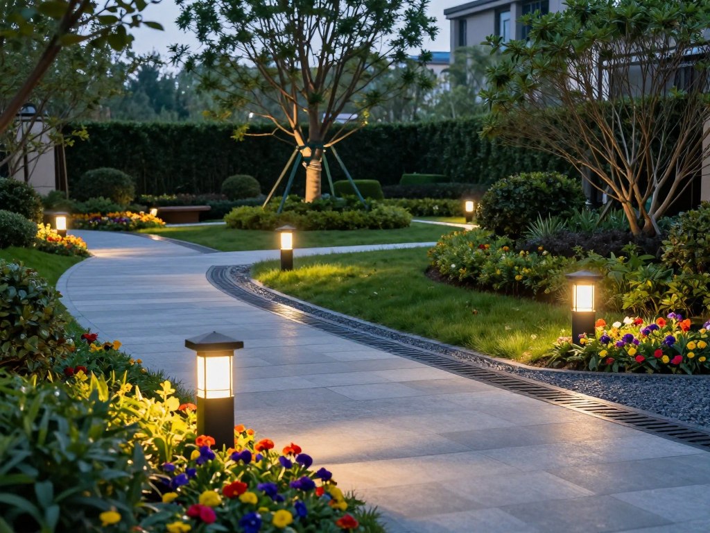 A beautifully landscaped outdoor space featuring elegant lighting and efficient drainage solutions for enhanced curb appeal. In the foreground, showcase stylish pathway lights illuminating a stone walkway, surrounded by vibrant flower beds and lush greenery. The middle ground includes a well-defined drainage system with attractive gravel and drainage grates, ensuring proper water flow. In the background, tall, mature trees and hedges create a serene environment, bathed in the soft glow of dusk. Capture a wide-angle view from a low vantage point, highlighting the interplay of shadows and light. The overall mood is tranquil yet sophisticated, emphasizing the harmony between nature and design.