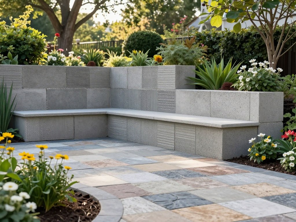 A beautifully landscaped patio featuring effective use of concrete wall blocks as retaining walls. In the foreground, intricately arranged paver stones with varied colors create a stunning outdoor space, complemented by flourishing flower beds and lush greenery. The middle ground showcases sturdy, textured concrete blocks, artistically stacked to form a functional wall that curves gracefully, enhancing the landscape design. In the background, a serene garden with soft sunlight filtering through trees sets a tranquil mood, emphasizing the harmony between structure and nature. Capture this scene with a wide-angle lens, ensuring soft shadows and bright natural light to highlight the materials and textures, evoking a sense of durability and elegance in landscape design. A beautifully landscaped patio featuring effective use of concrete wall blocks as retaining walls. In the foreground, intricately arranged paver stones with varied colors create a stunning outdoor space, complemented by flourishing flower beds and lush greenery. The middle ground showcases sturdy, textured concrete blocks, artistically stacked to form a functional wall that curves gracefully, enhancing the landscape design. In the background, a serene garden with soft sunlight filtering through trees sets a tranquil mood, emphasizing the harmony between structure and nature. Capture this scene with a wide-angle lens, ensuring soft shadows and bright natural light to highlight the materials and textures, evoking a sense of durability and elegance in landscape design.