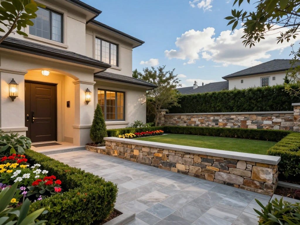 A beautifully landscaped property showcasing an elegant facade with premium hardscaping features. In the foreground, a meticulously designed stone pathway leads to a stylish front door, flanked by vibrant flower beds and neatly trimmed hedges. In the middle ground, there are decorative retaining walls made of natural stone, enhancing the visual appeal and providing structure to the garden area. In the background, a well-maintained lawn stretches out beneath a clear blue sky, with a few fluffy clouds adding depth to the scene. Warm, soft lighting casts gentle shadows, creating a welcoming atmosphere. The composition is framed with a wide-angle lens, capturing the harmonious blend of nature and architecture. This image embodies the essence of curb appeal and property value enhancement, reflecting sophistication and care.