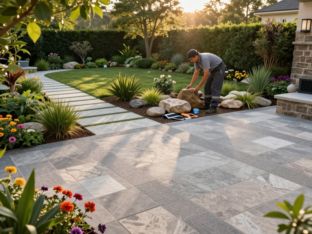 A beautifully transformed outdoor space showcasing premium hardscaping services. In the foreground, meticulously crafted interlocking stone walkways and a spacious patio with elegant textured pavers invite you into the scene. In the middle ground, a skilled landscaper in professional attire carefully arranges decorative stones and plants, with tools neatly laid out nearby. The background features a lush garden, well-maintained greenery, and vibrant flowers framing the area, all illuminated by warm, afternoon sunlight filtering through the trees. Capture this scene from a slight overhead angle to emphasize the design, highlighting both the craftsmanship of the hardscaping and the beauty of the surrounding nature. The mood is inviting and serene, showcasing the elegance and functionality of the space, ideal for relaxation and entertainment.