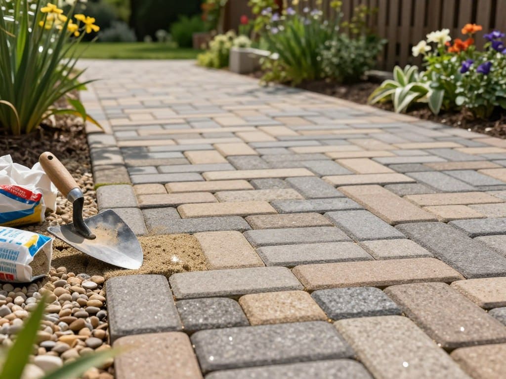 A close-up view of a beautifully laid paver walkway showcasing enhanced durability techniques, with various styles of interlocking pavers in earthy tones, surrounded by lush greenery and decorative gravel. In the foreground, a lightly worn trowel and small bags of polymeric sand are artistically placed beside the pavers, indicating the process of enhancing durability. The middle ground features a well-maintained paver surface, demonstrating precision in installation and craftsmanship, with gentle sunlight glistening off the surface. The background captures a peaceful garden scene with blooming flowers and a rustic fence, creating an inviting atmosphere. Soft, natural lighting highlights the textures and patterns of the pavers, while a shallow depth of field focuses on the walkway to emphasize the quality and aesthetic appeal. A close-up view of a beautifully laid paver walkway showcasing enhanced durability techniques, with various styles of interlocking pavers in earthy tones, surrounded by lush greenery and decorative gravel. In the foreground, a lightly worn trowel and small bags of polymeric sand are artistically placed beside the pavers, indicating the process of enhancing durability. The middle ground features a well-maintained paver surface, demonstrating precision in installation and craftsmanship, with gentle sunlight glistening off the surface. The background captures a peaceful garden scene with blooming flowers and a rustic fence, creating an inviting atmosphere. Soft, natural lighting highlights the textures and patterns of the pavers, while a shallow depth of field focuses on the walkway to emphasize the quality and aesthetic appeal.