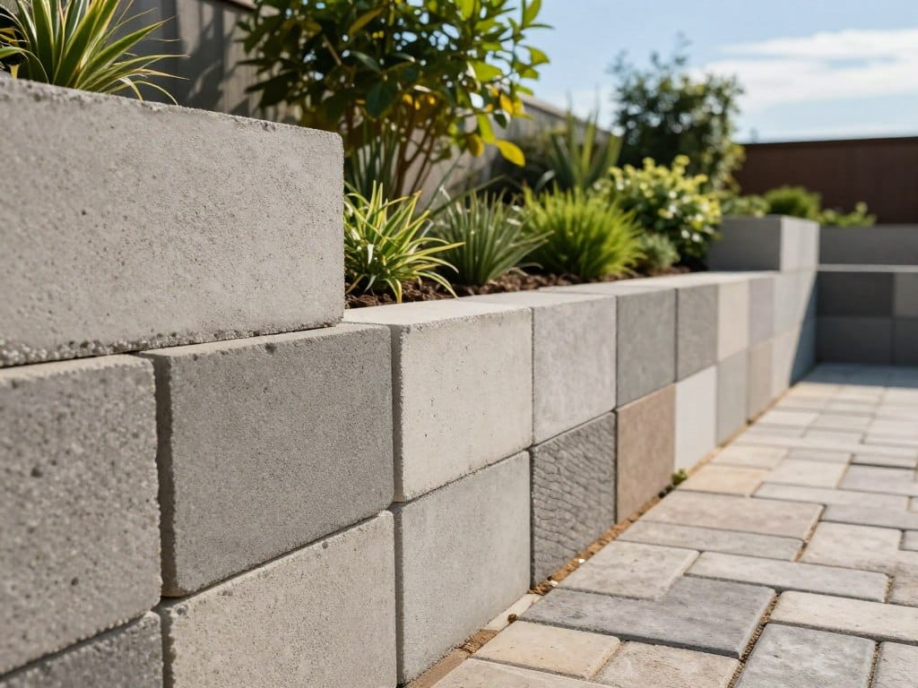 A close-up view of high-quality concrete blocks designed for retaining walls, arranged neatly in a construction site setting. In the foreground, showcase textured concrete blocks with various colors and patterns that enhance the aesthetic appeal of outdoor spaces. In the middle ground, a partially constructed paver patio is visible, featuring interlocking stones and vibrant greenery. The background presents a clear blue sky with soft, natural sunlight illuminating the scene, creating a warm and inviting atmosphere. Use a slightly angled perspective to highlight the depth and structure of the retaining wall along with lush landscaping, conveying the importance of durable materials in outdoor construction. The overall mood should evoke professionalism, sustainability, and a focus on quality in landscaping projects. A close-up view of high-quality concrete blocks designed for retaining walls, arranged neatly in a construction site setting. In the foreground, showcase textured concrete blocks with various colors and patterns that enhance the aesthetic appeal of outdoor spaces. In the middle ground, a partially constructed paver patio is visible, featuring interlocking stones and vibrant greenery. The background presents a clear blue sky with soft, natural sunlight illuminating the scene, creating a warm and inviting atmosphere. Use a slightly angled perspective to highlight the depth and structure of the retaining wall along with lush landscaping, conveying the importance of durable materials in outdoor construction. The overall mood should evoke professionalism, sustainability, and a focus on quality in landscaping projects.