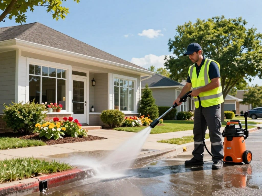 A commercial pressure washing scene showcasing a professional team from St. Clair Landscaping and Irrigation enhancing curb appeal and exterior safety. In the foreground, a well-equipped technician in a bright safety vest operates a pressure washer, spraying clean water onto a dirty sidewalk, revealing its fresh, clean surface. In the middle ground, a quaint storefront is visible, with vibrant flowers and well-maintained landscaping, highlighting the impact of the pressure washing. The background features a clear blue sky and lush trees, illustrating a sunny day that enhances the scene's freshness. Use bright and natural lighting to evoke a sense of cleanliness and safety. The angle should be slightly elevated, capturing the action and the beauty of the surroundings, creating a professional and inviting atmosphere. A commercial pressure washing scene showcasing a professional team from St. Clair Landscaping and Irrigation enhancing curb appeal and exterior safety. In the foreground, a well-equipped technician in a bright safety vest operates a pressure washer, spraying clean water onto a dirty sidewalk, revealing its fresh, clean surface. In the middle ground, a quaint storefront is visible, with vibrant flowers and well-maintained landscaping, highlighting the impact of the pressure washing. The background features a clear blue sky and lush trees, illustrating a sunny day that enhances the scene's freshness. Use bright and natural lighting to evoke a sense of cleanliness and safety. The angle should be slightly elevated, capturing the action and the beauty of the surroundings, creating a professional and inviting atmosphere.