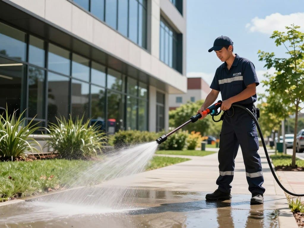 A commercial pressure washing service in action, showcasing a clean, bustling urban environment. In the foreground, a professional technician wearing a branded St. Clair Landscaping and Irrigation uniform is using a powerful pressure washer to clean a concrete sidewalk, water spraying in dynamic arcs. The middle ground features a sleek, modern building with glass windows reflecting the bright sunlight, highlighting the effectiveness of the service. The background includes lush greenery and a clear blue sky, creating an inviting atmosphere. The scene is well-lit, emphasizing the refreshing cleanliness resulting from the pressure washing. A slight angle shot captures the power and precision of the equipment, conveying a sense of professionalism and attention to detail. The overall mood is encouraging and industrious, illustrating the essentials of a commercial pressure washing service. A commercial pressure washing service in action, showcasing a clean, bustling urban environment. In the foreground, a professional technician wearing a branded St. Clair Landscaping and Irrigation uniform is using a powerful pressure washer to clean a concrete sidewalk, water spraying in dynamic arcs. The middle ground features a sleek, modern building with glass windows reflecting the bright sunlight, highlighting the effectiveness of the service. The background includes lush greenery and a clear blue sky, creating an inviting atmosphere. The scene is well-lit, emphasizing the refreshing cleanliness resulting from the pressure washing. A slight angle shot captures the power and precision of the equipment, conveying a sense of professionalism and attention to detail. The overall mood is encouraging and industrious, illustrating the essentials of a commercial pressure washing service.