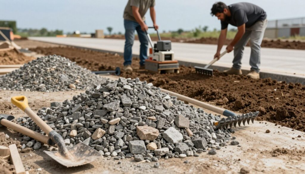 A construction scene focusing on the preparation of subgrade and base materials for a driveway. In the foreground, a carefully organized pile of gravel and crushed stone is visible, with construction tools like a shovel and rake placed neatly beside it. The middle ground features two professionals in modest casual clothing, one using a compacting machine to level the base, while the other inspects the moisture content of the soil. In the background, a clear blue sky contrasts with the earthy tones of the scene, with a partially completed driveway emerging in the distance. Soft, natural lighting gives a warm and productive atmosphere, capturing the essence of diligent work in driveway installation.