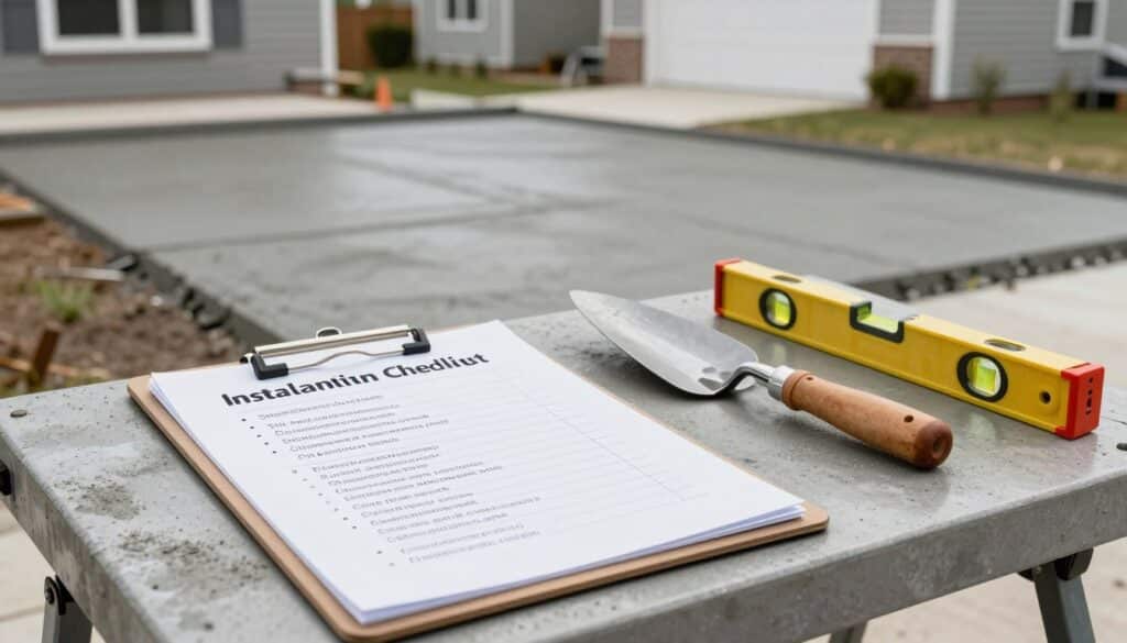 A detailed and organized concrete driveway installation checklist displayed on a clipboard, set on a sturdy workbench in a well-lit outdoor setting. In the foreground, the clipboard features neatly written bullet points outlining the essential steps: site preparation, mixture ratios, reinforcement placement, curing techniques, and finishing touches. In the middle ground, tools like a trowel, level, and measuring tape are arranged methodically beside a partially completed driveway, showcasing fresh concrete being poured. The background captures a suburban home with a driveway under construction, accented by soft, natural lighting that emphasizes the cool gray tones of the concrete. The mood is practical and informative, reflecting a DIY spirit and encouraging homeowners to engage in the installation process confidently.