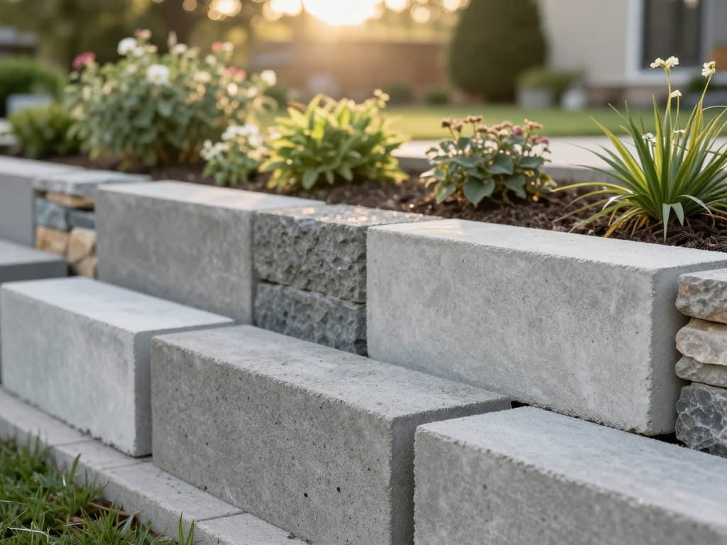 A detailed outdoor scene showcasing various concrete blocks designed for retaining walls, emphasizing both modern and natural stone options. In the foreground, an array of textured concrete blocks in different sizes and shapes, some with smooth finishes and others with rugged surfaces, demonstrate versatility. The middle ground features a well-designed retaining wall made with these blocks, surrounded by colorful, lush landscaping, including green shrubs and flowering plants. The background displays a serene garden view, with gentle sunlight filtering through trees, creating a warm and inviting atmosphere. Shot with a shallow depth of field, highlighting the quality and details of the concrete blocks while softly blurring the background, capturing the essence of outdoor landscaping and construction. A detailed outdoor scene showcasing various concrete blocks designed for retaining walls, emphasizing both modern and natural stone options. In the foreground, an array of textured concrete blocks in different sizes and shapes, some with smooth finishes and others with rugged surfaces, demonstrate versatility. The middle ground features a well-designed retaining wall made with these blocks, surrounded by colorful, lush landscaping, including green shrubs and flowering plants. The background displays a serene garden view, with gentle sunlight filtering through trees, creating a warm and inviting atmosphere. Shot with a shallow depth of field, highlighting the quality and details of the concrete blocks while softly blurring the background, capturing the essence of outdoor landscaping and construction.