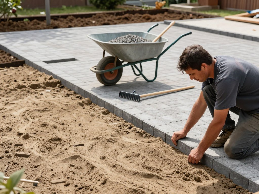 A detailed perspective of preparing a site for paver installation in a garden environment. In the foreground, showcase a worker in professional casual attire, kneeling on the ground, carefully leveling a bed of sand as part of paver base preparation. In the middle ground, a wheelbarrow filled with gravel and various tools such as a rake and shovel are visible, creating a busy work atmosphere. The background features an open space with marked outlines and freshly dug soil, indicating the layout for the walkway. The lighting is soft and natural, suggesting a sunny day, with shadows cast from trees nearby. Capture a sense of organized effort and attention to detail, emphasizing the precision needed for a successful project. A detailed perspective of preparing a site for paver installation in a garden environment. In the foreground, showcase a worker in professional casual attire, kneeling on the ground, carefully leveling a bed of sand as part of paver base preparation. In the middle ground, a wheelbarrow filled with gravel and various tools such as a rake and shovel are visible, creating a busy work atmosphere. The background features an open space with marked outlines and freshly dug soil, indicating the layout for the walkway. The lighting is soft and natural, suggesting a sunny day, with shadows cast from trees nearby. Capture a sense of organized effort and attention to detail, emphasizing the precision needed for a successful project.