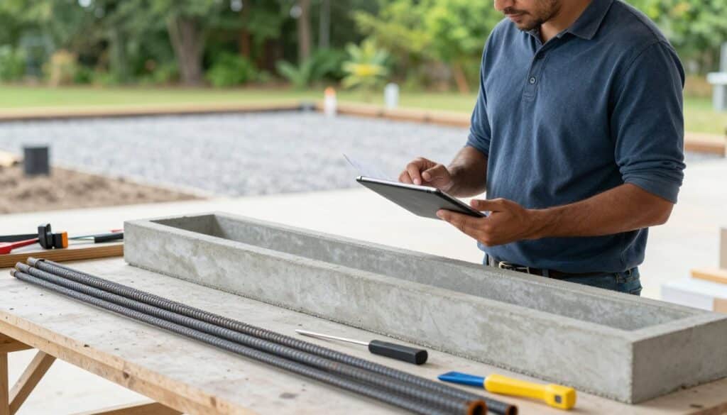 A detailed scene depicting a homeowner in professional casual attire, carefully examining various concrete forms and reinforcement options for a driveway. In the foreground, show a variety of concrete forms laid out on a workbench, with visible rebar sections, wire mesh, and tools scattered around. In the middle ground, include the homeowner holding a digital tablet, reviewing plans and specifications, with a focused expression. The background features a driveway area prepared for installation, partially covered in gravel and surrounded by lush greenery. Bright, natural lighting illuminates the scene, creating a welcoming atmosphere. Use a shallow depth of field to emphasize the homeowner's engagement with the materials while softly blurring the background to keep attention on the selection process.