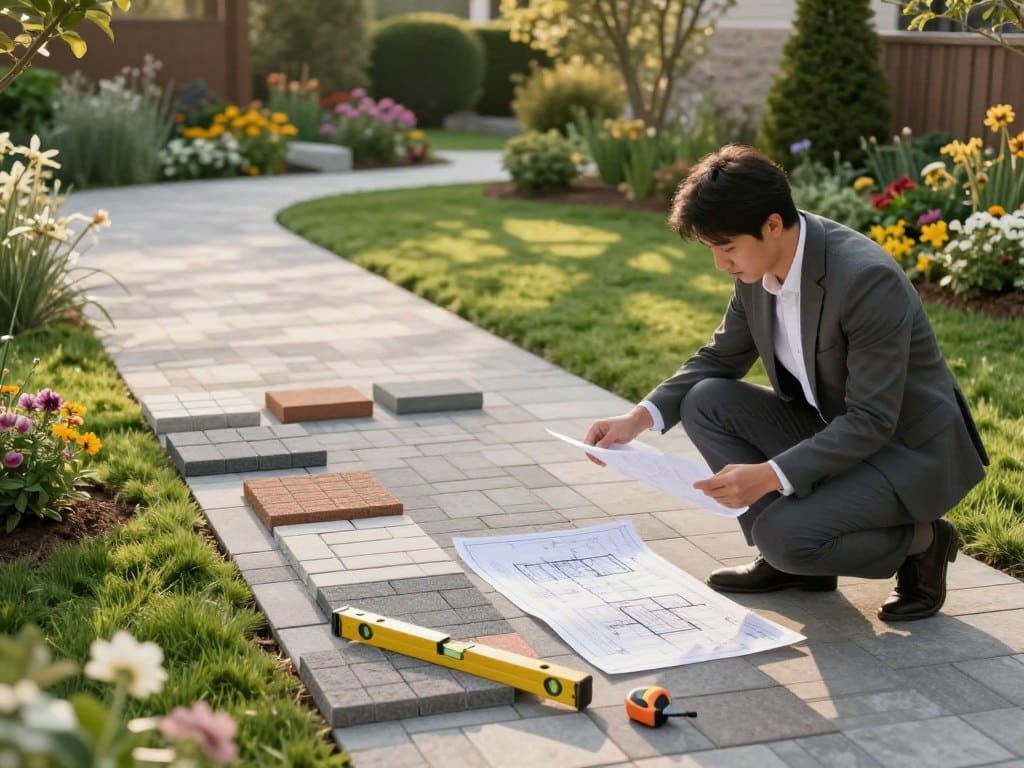 A detailed scene depicting a paver walkway planning process in a serene outdoor setting. In the foreground, a professional landscape designer, dressed in business attire, studies a blueprint while kneeling beside a mock-up paver layout. In the middle ground, various types of pavers are arranged on the grass, showcasing different colors and textures. Tools like a level and measuring tape are neatly placed nearby. The background features a lush garden with blooming flowers and well-maintained shrubs under warm, diffused afternoon sunlight, creating an inviting atmosphere. The perspective is slightly elevated, capturing the designer's focus and the intricate details of the paving materials. The overall mood is calm and focused, emphasizing careful planning and creativity in the landscaping project. A detailed scene depicting a paver walkway planning process in a serene outdoor setting. In the foreground, a professional landscape designer, dressed in business attire, studies a blueprint while kneeling beside a mock-up paver layout. In the middle ground, various types of pavers are arranged on the grass, showcasing different colors and textures. Tools like a level and measuring tape are neatly placed nearby. The background features a lush garden with blooming flowers and well-maintained shrubs under warm, diffused afternoon sunlight, creating an inviting atmosphere. The perspective is slightly elevated, capturing the designer's focus and the intricate details of the paving materials. The overall mood is calm and focused, emphasizing careful planning and creativity in the landscaping project.