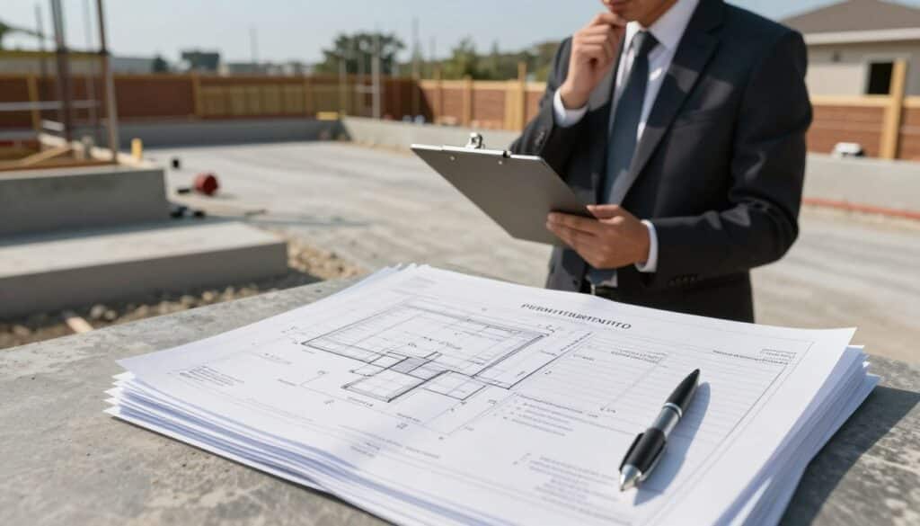 A detailed scene illustrating permitting regulations for driveway installation. In the foreground, a neatly organized stack of paperwork featuring blueprints and permits, with a pen resting beside them. In the middle ground, a professional dressed in business attire reviews the documents, looking thoughtfully at a clipboard. The background features a partially constructed driveway, with concrete forms and tools scattered around, under a clear blue sky. Soft, natural lighting highlights the textures of the documents and the driveway materials. The overall atmosphere is one of diligence and professionalism, emphasizing the importance of following regulations and guidelines. The angle captures a slight top-down view, making the scene feel immersive and informative, while maintaining a clean and uncluttered composition.