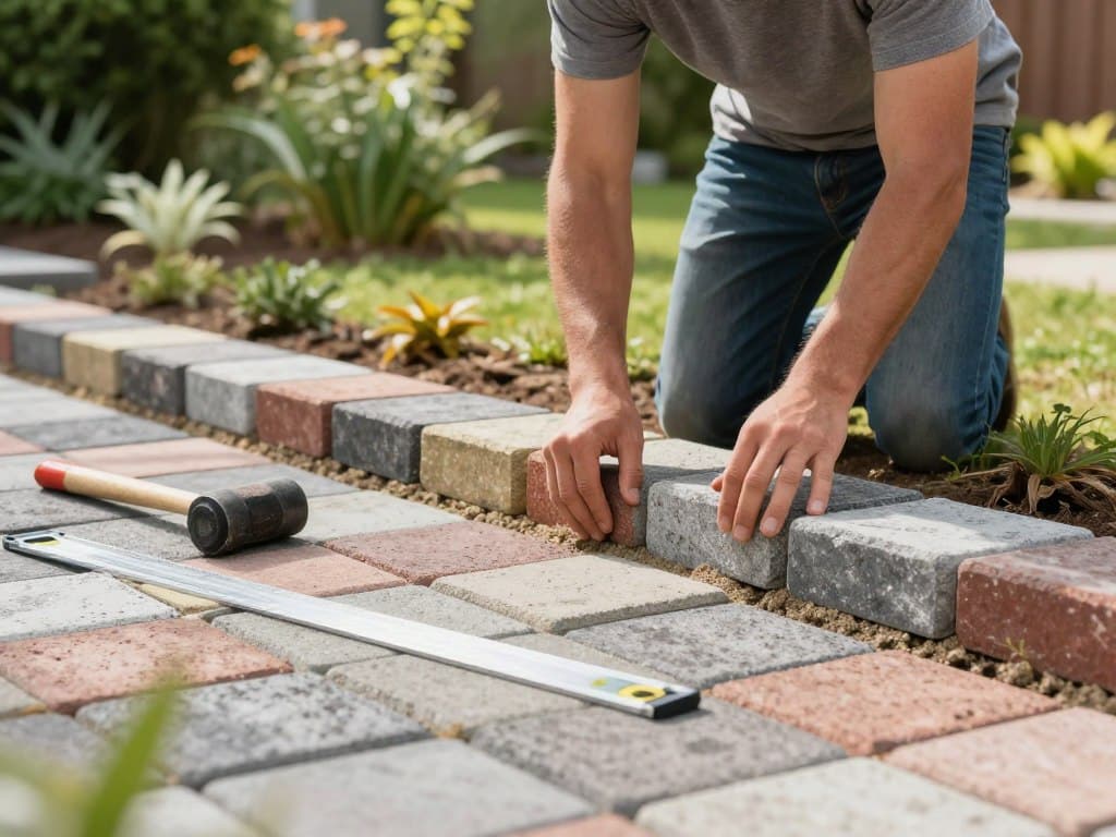 A detailed step-by-step guide to installing paver patio components, showcasing a knowledgeable professional in modest casual clothing demonstrating the process. In the foreground, focus on a neatly arranged layout of colorful concrete paver stones, tools like a rubber mallet and straight edge, and a compact level. The middle ground highlights the individual carefully placing and aligning the stones on a prepared sand base. Behind them, a well-maintained garden provides a vibrant backdrop, with sunlight filtering through trees, casting soft shadows over the workspace. Capture this scene with a shallow depth of field to emphasize the installation process while the background remains slightly blurred, creating an inviting and informative atmosphere that encourages DIY enthusiasts. A detailed step-by-step guide to installing paver patio components, showcasing a knowledgeable professional in modest casual clothing demonstrating the process. In the foreground, focus on a neatly arranged layout of colorful concrete paver stones, tools like a rubber mallet and straight edge, and a compact level. The middle ground highlights the individual carefully placing and aligning the stones on a prepared sand base. Behind them, a well-maintained garden provides a vibrant backdrop, with sunlight filtering through trees, casting soft shadows over the workspace. Capture this scene with a shallow depth of field to emphasize the installation process while the background remains slightly blurred, creating an inviting and informative atmosphere that encourages DIY enthusiasts.