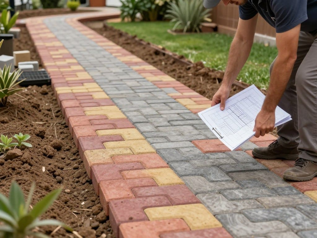 A detailed, step-by-step paver walkway installation scene, showcasing a neat arrangement of vibrant, interlocking pavers in rich colors laid out on a well-prepared ground base. In the foreground, a professional dressed in modest casual attire examines a layout plan, while a colleague gently levels the sand bed for precise placement. The middle ground highlights the newly installed sections of the walkway, emphasizing the texture and pattern of the pavers against a background of green grass and landscape plants. Soft, natural lighting bathes the scene, creating a warm and inviting atmosphere, and the angle captures both the intricate details of the paver design and the teamwork involved in the installation process, conveying a sense of craftsmanship and professionalism. A detailed, step-by-step paver walkway installation scene, showcasing a neat arrangement of vibrant, interlocking pavers in rich colors laid out on a well-prepared ground base. In the foreground, a professional dressed in modest casual attire examines a layout plan, while a colleague gently levels the sand bed for precise placement. The middle ground highlights the newly installed sections of the walkway, emphasizing the texture and pattern of the pavers against a background of green grass and landscape plants. Soft, natural lighting bathes the scene, creating a warm and inviting atmosphere, and the angle captures both the intricate details of the paver design and the teamwork involved in the installation process, conveying a sense of craftsmanship and professionalism.