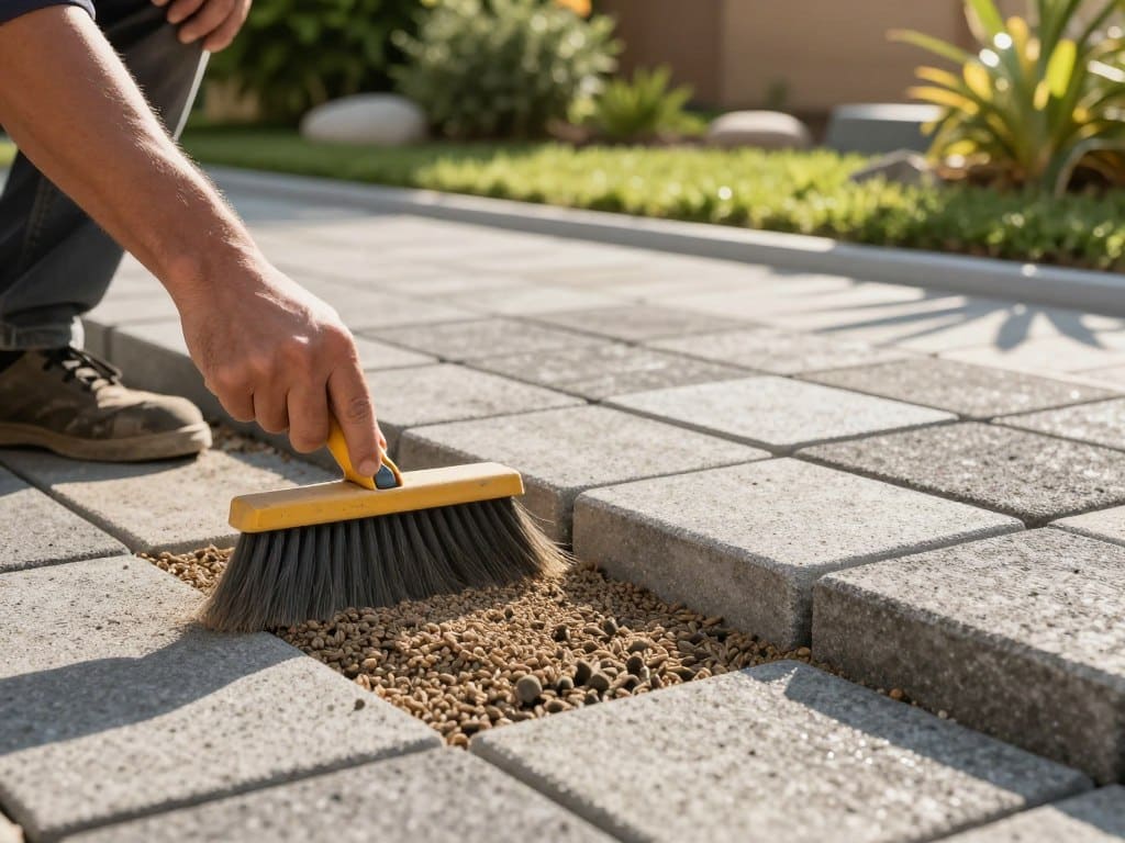 A detailed view of a paver installation process focusing on polymeric sand. In the foreground, showcase a close-up of hands using a broom to sweep fine polymeric sand into the joints of newly laid pavers, with grains glistening under natural sunlight. In the middle ground, display a beautifully patterned array of interlocking concrete pavers, highlighting their texture and color variations. The background features a well-maintained garden area with lush greenery and decorative stones, softly blurred to create depth. The lighting is warm and inviting, suggesting a late afternoon. Capture the scene from a slightly elevated angle, emphasizing the process and materials used. The overall mood is professional, focusing on quality craftsmanship and attention to detail in landscaping work. A detailed view of a paver installation process focusing on polymeric sand. In the foreground, showcase a close-up of hands using a broom to sweep fine polymeric sand into the joints of newly laid pavers, with grains glistening under natural sunlight. In the middle ground, display a beautifully patterned array of interlocking concrete pavers, highlighting their texture and color variations. The background features a well-maintained garden area with lush greenery and decorative stones, softly blurred to create depth. The lighting is warm and inviting, suggesting a late afternoon. Capture the scene from a slightly elevated angle, emphasizing the process and materials used. The overall mood is professional, focusing on quality craftsmanship and attention to detail in landscaping work.