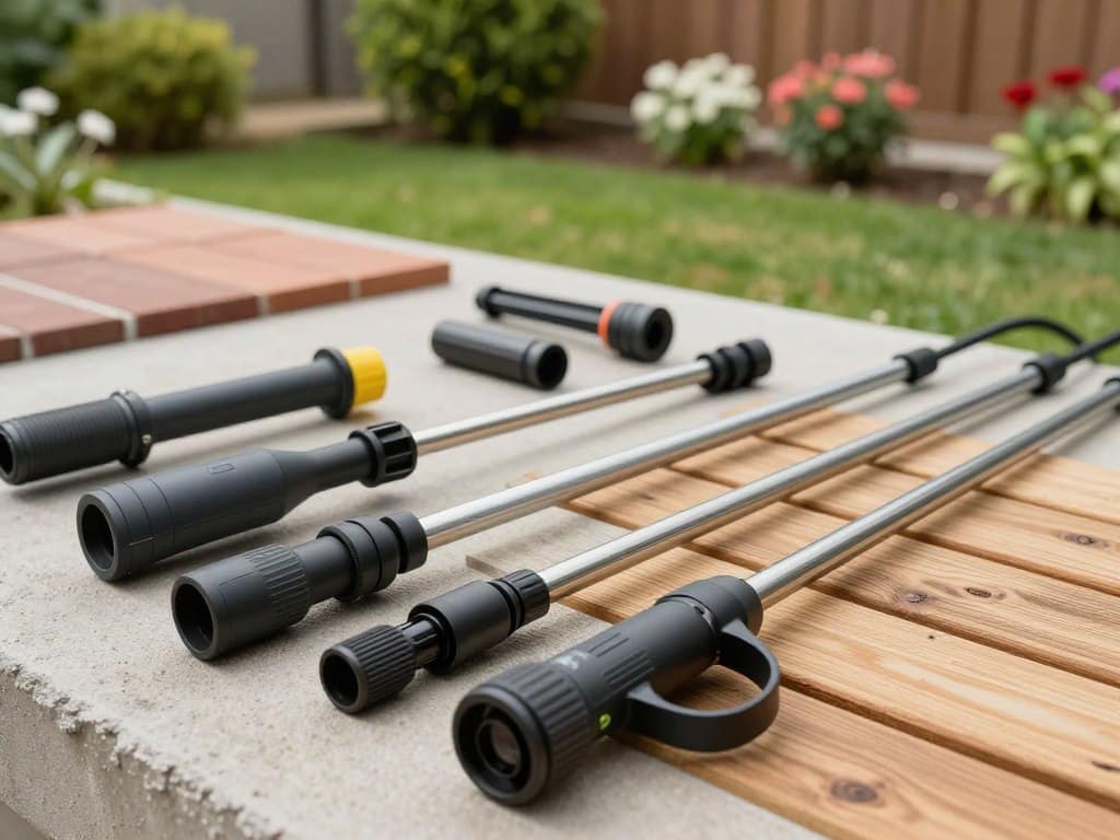 A detailed view of the core components of pressure washing, featuring a high-quality pressure washer with essential attachments like nozzles and extension wands prominently in the foreground. In the middle, display a variety of surfaces being cleaned, including concrete, brick, and wood, showcasing the effectiveness of the pressure washing process. The background includes a well-maintained garden with shrubs and flowers, hinting at the efficiency of commercial services. Use soft natural lighting to create a bright, inviting atmosphere, captured with a shallow depth of field to focus on the equipment while ensuring the environment is vibrant and lively. Angle the shot slightly from above to give an overview of the setup, emphasizing cleanliness and professionalism. A detailed view of the core components of pressure washing, featuring a high-quality pressure washer with essential attachments like nozzles and extension wands prominently in the foreground. In the middle, display a variety of surfaces being cleaned, including concrete, brick, and wood, showcasing the effectiveness of the pressure washing process. The background includes a well-maintained garden with shrubs and flowers, hinting at the efficiency of commercial services. Use soft natural lighting to create a bright, inviting atmosphere, captured with a shallow depth of field to focus on the equipment while ensuring the environment is vibrant and lively. Angle the shot slightly from above to give an overview of the setup, emphasizing cleanliness and professionalism.