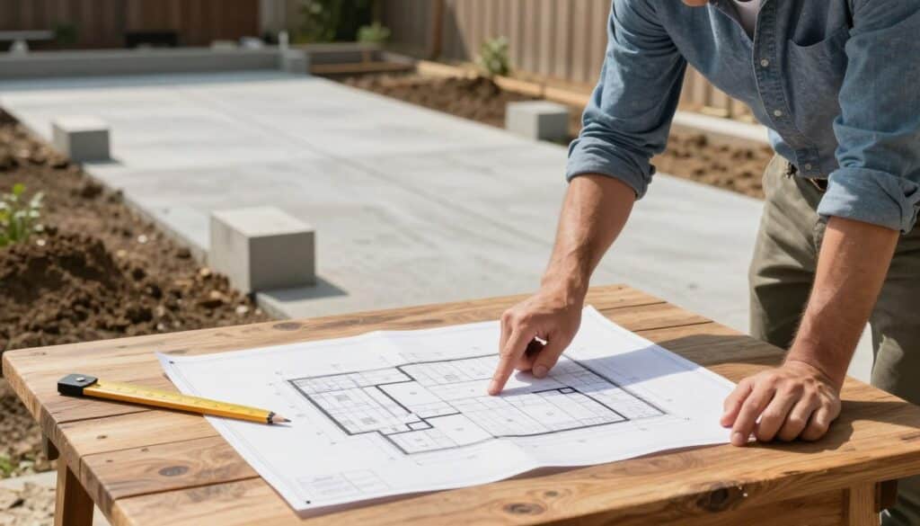 A meticulously designed outdoor scene depicting a homeowner's planning session for a concrete driveway layout. In the foreground, a detailed blueprint of the driveway is spread out on a rustic wooden table, with measuring tools and a pencil beside it. A middle layer features a thoughtful homeowner, dressed in smart casual attire, examining the plans while pointing at the blueprint. In the background, a partially constructed driveway site showcases the earth being prepared, with a few concrete blocks positioned for demonstration. Lighting is bright and natural, simulating a sunny afternoon, creating a sense of optimism and forward-thinking. The atmosphere conveys a mix of focus and creativity, ideal for a detailed design process.