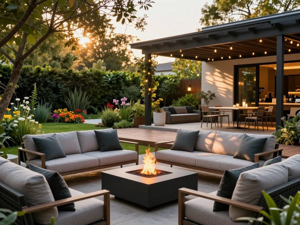 A modern outdoor living space designed for a cozy yet sophisticated atmosphere. In the foreground, a stylish lounge area featuring contemporary furniture with plush cushions, arranged around a striking fire pit that emits a warm glow. The middle ground showcases a beautifully landscaped garden with vibrant flowers and lush greenery, complemented by a wooden deck that flows seamlessly into the space. In the background, an elegant pergola adorned with string lights provides shade and ambiance, casting playful shadows across the scene. The golden hour sunlight filters through the trees, creating a serene and inviting mood. The overall composition captures the essence of outdoor living, blending comfort with nature while emphasizing a modern aesthetic.