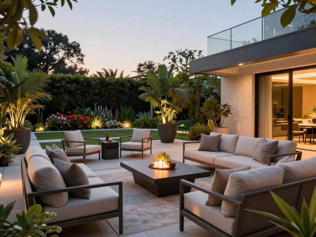 A modern outdoor living space designed for relaxation and entertainment. In the foreground, there's a sleek, contemporary outdoor sofa set, draped in neutral-colored cushions, accompanied by a stylish coffee table adorned with decorative plants. In the middle ground, a custom-built fire pit surrounded by minimalist lounge chairs creates a gathering area, complemented by tall potted plants for privacy. The background features a well-maintained garden with vibrant flowers and greenery, creating a lush atmosphere. The scene is illuminated by warm, soft lighting at dusk, casting a cozy glow. A clear sky adds a sense of openness. The overall mood is inviting and sophisticated, perfect for modern backyards, emphasizing tranquility and elegance.