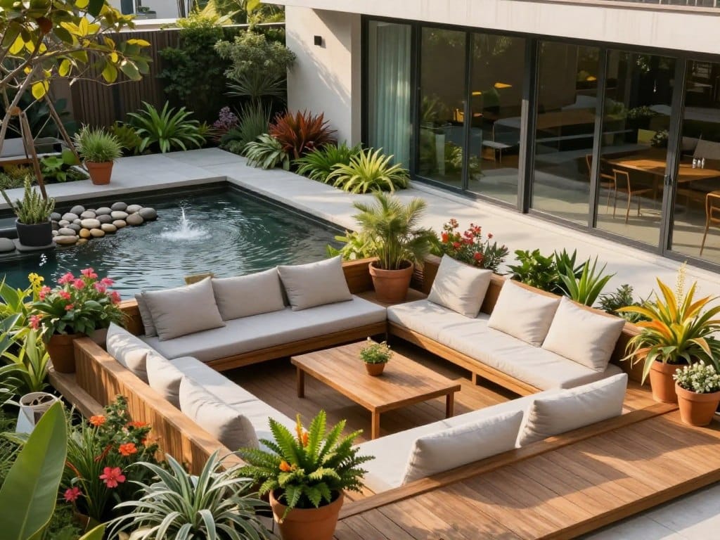 A modern outdoor living space that harmoniously integrates natural elements with sleek design. In the foreground, a stylish wooden deck showcases comfortable, minimalistic seating with soft, neutral cushions, surrounded by vibrant potted plants. The middle features a flowing water element, like a small fountain, adorned with river stones, creating a serene atmosphere. In the background, a lush garden filled with native plants provides a vibrant contrast against modern architecture, with large glass windows reflecting greenery. Soft, warm sunlight filters through the foliage, casting gentle shadows. Shot from a slight aerial angle to capture the overall layout, the scene conveys a tranquil yet sophisticated ambiance, ideal for relaxation and outdoor gatherings.