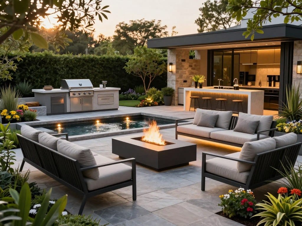 A modern outdoor living space that showcases innovative hardscaping designs. In the foreground, a stylish patio made of interlocking stones, featuring sleek outdoor furniture with plush cushions, surrounded by meticulous landscaping with vibrant flowers and greenery. The middle section reveals a striking water feature, modern fire pit, and integrated lighting that enhances the ambiance, creating a warm glow. In the background, a beautifully designed outdoor kitchen with a high-end grill and bar area, set against a backdrop of a lush, manicured garden. The scene is captured during golden hour, with soft sunlight filtering through trees, casting gentle shadows. The overall mood is inviting and sophisticated, emphasizing the creativity and functionality of outdoor living spaces.