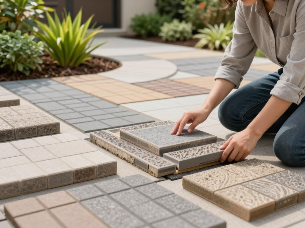 A neatly arranged selection of pavers displayed at St. Clair Landscaping and Irrigation, showcasing various colors, textures, and shapes in the foreground. A professional landscape designer in a smart-casual outfit is skillfully explaining the paver options to a client, illustrating expertise and personalized service. In the middle ground, a beautifully landscaped area features a partially laid walkway using the selected pavers, emphasizing practical application. The background includes vibrant green plants and well-maintained garden beds, enhancing the inviting atmosphere. Soft, natural lighting accentuates the textures and colors of the pavers, while a shallow depth of field draws attention to the foreground details. The overall mood is warm, professional, and informative, reflecting the concept of expert material selection for landscaping projects. A neatly arranged selection of pavers displayed at St. Clair Landscaping and Irrigation, showcasing various colors, textures, and shapes in the foreground. A professional landscape designer in a smart-casual outfit is skillfully explaining the paver options to a client, illustrating expertise and personalized service. In the middle ground, a beautifully landscaped area features a partially laid walkway using the selected pavers, emphasizing practical application. The background includes vibrant green plants and well-maintained garden beds, enhancing the inviting atmosphere. Soft, natural lighting accentuates the textures and colors of the pavers, while a shallow depth of field draws attention to the foreground details. The overall mood is warm, professional, and informative, reflecting the concept of expert material selection for landscaping projects.