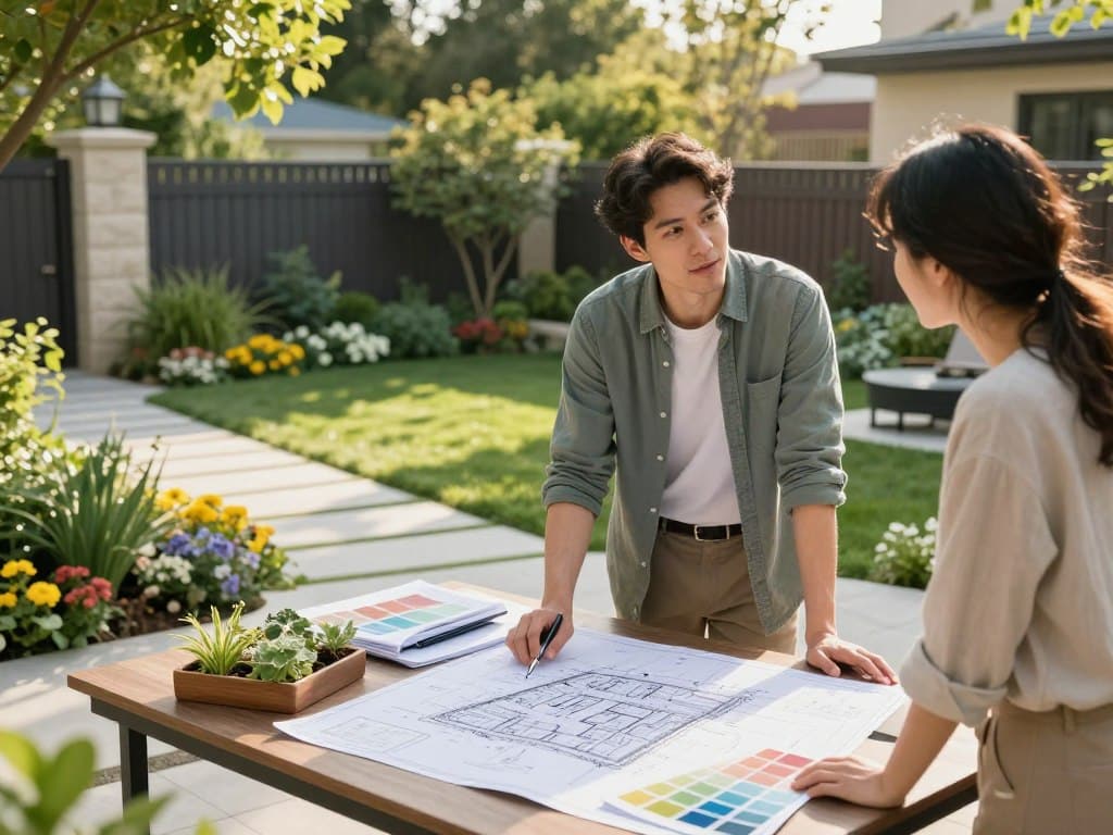 A professional landscape designer in smart casual attire consults with a homeowner in their backyard, which showcases a beautifully designed outdoor space. In the foreground, a detailed table is covered with landscape blueprints, plant samples, and color swatches, indicating a personalized consultation. In the middle ground, elements like elegant stone pathways, lush greenery, and vibrant flower beds create an inviting atmosphere. The background features a well-maintained lawn and decorative fencing, enhancing the outdoor aesthetic. Soft, warm sunlight filters through the trees, casting gentle shadows and invoking a sense of tranquility and collaboration. The overall mood is one of professionalism, creativity, and harmony with nature.