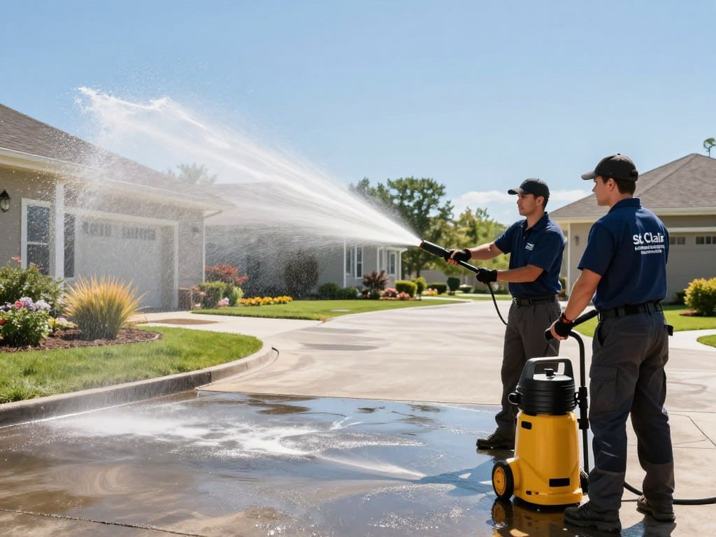 A professional pressure washing service in action, showcasing St. Clair Landscaping and Irrigation’s expertise. In the foreground, a team of two technicians wearing branded uniforms and safety gear is energetically operating a high-pressure washer on a large driveway, with water spray glistening in the sunlight. In the middle ground, a clean and vibrant landscape surrounds the pristine driveway, with well-maintained shrubs and flowers, emphasizing the transformation. The background features a clear blue sky, adding to the fresh and clean atmosphere. The scene is captured in bright, natural daylight, using a wide-angle lens to convey the scale of the washing project, with a focus on the textures of the surfaces being cleaned. The overall feel is professional, trustworthy, and visually appealing, promoting local service excellence. A professional pressure washing service in action, showcasing St. Clair Landscaping and Irrigation’s expertise. In the foreground, a team of two technicians wearing branded uniforms and safety gear is energetically operating a high-pressure washer on a large driveway, with water spray glistening in the sunlight. In the middle ground, a clean and vibrant landscape surrounds the pristine driveway, with well-maintained shrubs and flowers, emphasizing the transformation. The background features a clear blue sky, adding to the fresh and clean atmosphere. The scene is captured in bright, natural daylight, using a wide-angle lens to convey the scale of the washing project, with a focus on the textures of the surfaces being cleaned. The overall feel is professional, trustworthy, and visually appealing, promoting local service excellence.