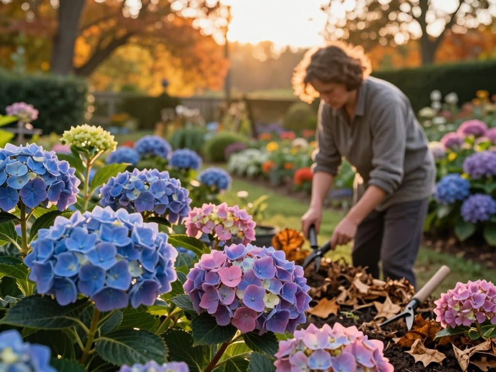 A serene autumn garden scene focusing on colorful hydrangeas in varying shades of blue, pink, and purple. In the foreground, large, lush hydrangea blooms are positioned prominently, some with dried petals to reflect the fall season. The middle ground features a gardener in modest casual clothing, gently tending to the plants, pruning dead leaves and using garden tools. In the background, a softly blurred view of a tranquil garden with autumn foliage in shades of gold and orange, under a warm, golden hour sunlight that casts a gentle glow over the entire scene. The atmosphere is peaceful and nurturing, emphasizing the care and understanding required for different types of hydrangeas during the fall. A serene autumn garden scene focusing on colorful hydrangeas in varying shades of blue, pink, and purple. In the foreground, large, lush hydrangea blooms are positioned prominently, some with dried petals to reflect the fall season. The middle ground features a gardener in modest casual clothing, gently tending to the plants, pruning dead leaves and using garden tools. In the background, a softly blurred view of a tranquil garden with autumn foliage in shades of gold and orange, under a warm, golden hour sunlight that casts a gentle glow over the entire scene. The atmosphere is peaceful and nurturing, emphasizing the care and understanding required for different types of hydrangeas during the fall.
