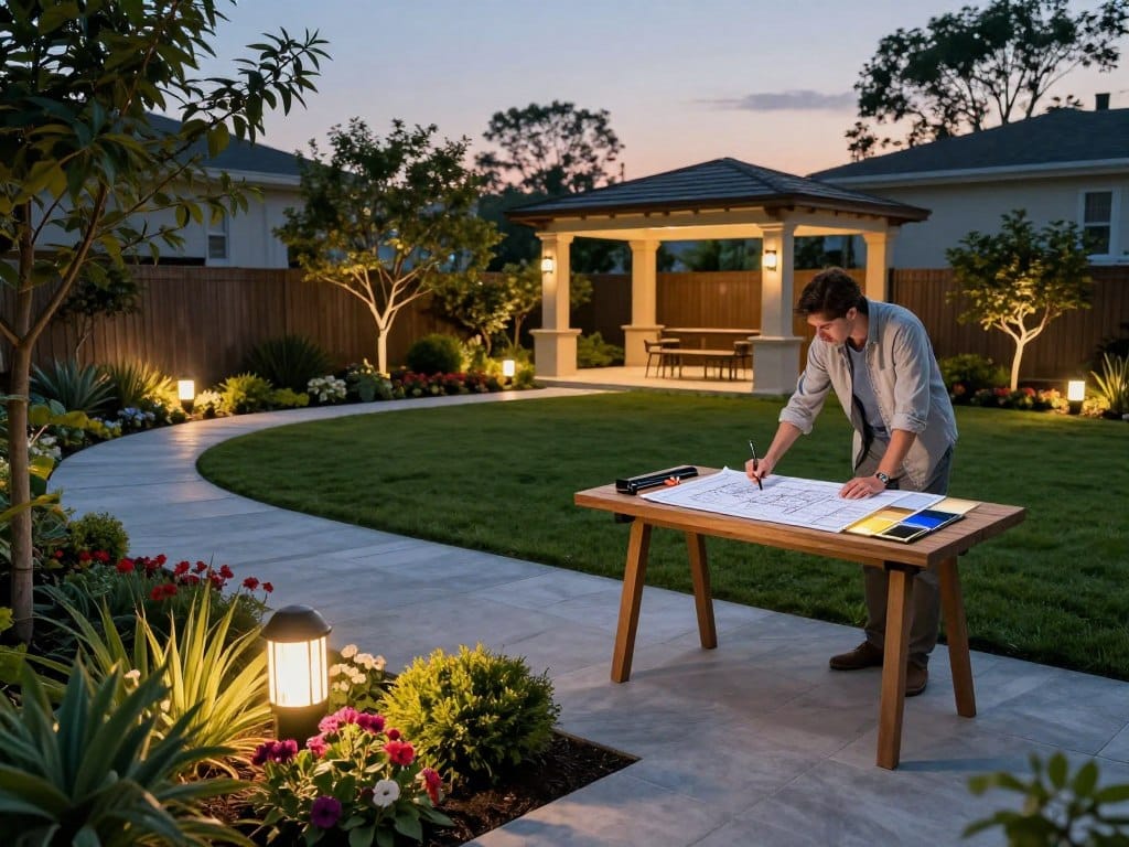 A serene backyard scene showcasing a professional landscape lighting design planning process. In the foreground, a well-groomed garden with vibrant flowers and small shrubs is illuminated by subtle, low-voltage LED lights, casting soft glows on pathways. In the middle, a landscape designer in smart casual attire examines a detailed blueprint spread out on a wooden table, surrounded by various lighting samples and tools. The background features a lush lawn and an elegantly illuminated pergola, with trees outlined by gentle uplighting. Soft twilight hues fill the sky, enhancing a peaceful and inviting atmosphere. The image captures a moment of creativity and thoughtful planning in landscape lighting design. A serene backyard scene showcasing a professional landscape lighting design planning process. In the foreground, a well-groomed garden with vibrant flowers and small shrubs is illuminated by subtle, low-voltage LED lights, casting soft glows on pathways. In the middle, a landscape designer in smart casual attire examines a detailed blueprint spread out on a wooden table, surrounded by various lighting samples and tools. The background features a lush lawn and an elegantly illuminated pergola, with trees outlined by gentle uplighting. Soft twilight hues fill the sky, enhancing a peaceful and inviting atmosphere. The image captures a moment of creativity and thoughtful planning in landscape lighting design.