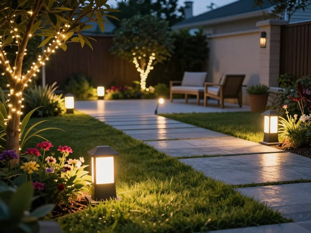 A serene backyard scene showcasing a variety of stylish LED outdoor lighting options. In the foreground, a well-manicured lawn is illuminated with soft, warm white lights embedded in the ground, casting gentle glows on nearby vibrant flower beds. The middle ground features elegant pathway lights lining a stone walkway, their sleek designs reflecting modern aesthetic sensibilities. In the background, a cozy seating area is softly illuminated by string lights woven through tree branches, enhancing the inviting atmosphere. The scene is captured during twilight with a soft-focus lens to create a dreamy ambiance. Emphasize a tranquil, inviting mood, highlighting the versatility and beauty of LED lighting in landscape design, perfect for enhancing outdoor spaces. A serene backyard scene showcasing a variety of stylish LED outdoor lighting options. In the foreground, a well-manicured lawn is illuminated with soft, warm white lights embedded in the ground, casting gentle glows on nearby vibrant flower beds. The middle ground features elegant pathway lights lining a stone walkway, their sleek designs reflecting modern aesthetic sensibilities. In the background, a cozy seating area is softly illuminated by string lights woven through tree branches, enhancing the inviting atmosphere. The scene is captured during twilight with a soft-focus lens to create a dreamy ambiance. Emphasize a tranquil, inviting mood, highlighting the versatility and beauty of LED lighting in landscape design, perfect for enhancing outdoor spaces.