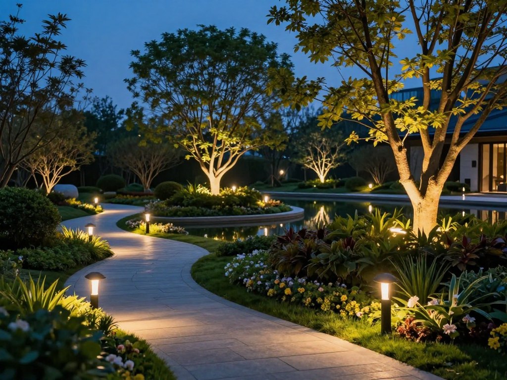 A serene evening landscape showcasing a beautifully landscaped garden illuminated by low voltage landscape lighting systems. In the foreground, elegant path lights line a winding stone pathway, highlighting lush greenery and blooming flowers. In the middle ground, soft, warm light casts gentle glows on strategically placed tree uplights, accentuating their majestic trunks and foliage. The background features a tranquil pond reflecting the ambient lighting and shadows of nearby shrubs. The scene captures a peaceful and inviting atmosphere, with a twilight sky transitioning from dusk to night. The lighting is soft and focused, creating highlights and gentle contrasts, evoking a sense of warmth and relaxation. Emphasize clarity and richness of color, simulating a professional nighttime photograph. A serene evening landscape showcasing a beautifully landscaped garden illuminated by low voltage landscape lighting systems. In the foreground, elegant path lights line a winding stone pathway, highlighting lush greenery and blooming flowers. In the middle ground, soft, warm light casts gentle glows on strategically placed tree uplights, accentuating their majestic trunks and foliage. The background features a tranquil pond reflecting the ambient lighting and shadows of nearby shrubs. The scene captures a peaceful and inviting atmosphere, with a twilight sky transitioning from dusk to night. The lighting is soft and focused, creating highlights and gentle contrasts, evoking a sense of warmth and relaxation. Emphasize clarity and richness of color, simulating a professional nighttime photograph.