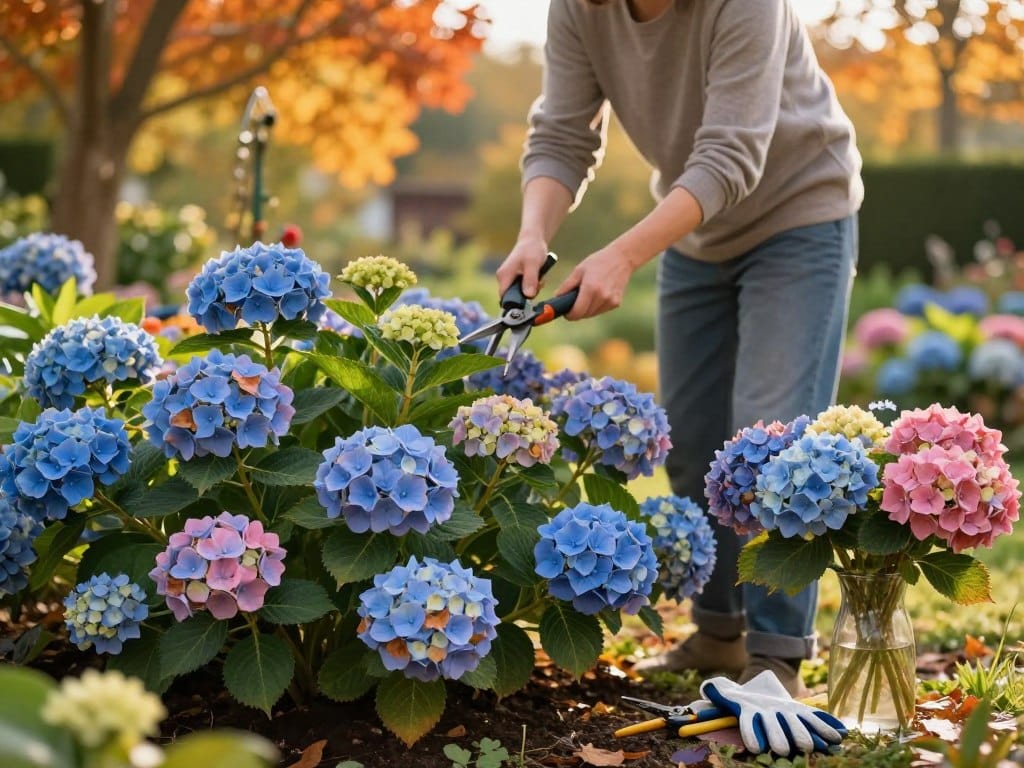 A serene fall garden scene focusing on a garden bed filled with hydrangeas undergoing seasonal care. In the foreground, showcase vibrant hydrangea blooms in shades of blue and pink, with some petals starting to turn earthy brown, indicating the fall season. Include pruning shears and garden gloves placed carefully beside a vase of freshly cut hydrangea stems. In the middle ground, a gardener, dressed in modest casual clothing, is pruning the hydrangeas expertly, concentrating on precise cuts while maintaining the plant's shape. The background features softly blurred autumn foliage in warm hues of orange and yellow, with gentle sunlight filtering through, casting a warm, inviting glow over the entire scene, evoking a feeling of peaceful diligence in gardening. A serene fall garden scene focusing on a garden bed filled with hydrangeas undergoing seasonal care. In the foreground, showcase vibrant hydrangea blooms in shades of blue and pink, with some petals starting to turn earthy brown, indicating the fall season. Include pruning shears and garden gloves placed carefully beside a vase of freshly cut hydrangea stems. In the middle ground, a gardener, dressed in modest casual clothing, is pruning the hydrangeas expertly, concentrating on precise cuts while maintaining the plant's shape. The background features softly blurred autumn foliage in warm hues of orange and yellow, with gentle sunlight filtering through, casting a warm, inviting glow over the entire scene, evoking a feeling of peaceful diligence in gardening.