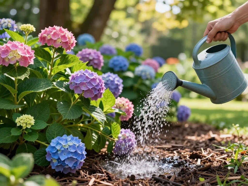 A serene garden scene featuring vibrant hydrangeas in full bloom, showcasing a rich, dark brown soil bed adorned with organic mulch. In the foreground, a close-up of a watering can gently pouring water onto the hydrangeas, illustrating effective watering strategies. The middle ground highlights the lush, green foliage of the hydrangeas, with a variety of colors including pink, blue, and purple flowers. In the background, soft sunlight filters through a canopy of trees, casting gentle shadows that enhance the scene's tranquility. Use a shallow depth of field to create a dreamy effect, with bright, natural lighting to emphasize the freshness and health of the plants. The atmosphere is peaceful and nurturing, perfect for reflecting an outdoor gardening care routine. A serene garden scene featuring vibrant hydrangeas in full bloom, showcasing a rich, dark brown soil bed adorned with organic mulch. In the foreground, a close-up of a watering can gently pouring water onto the hydrangeas, illustrating effective watering strategies. The middle ground highlights the lush, green foliage of the hydrangeas, with a variety of colors including pink, blue, and purple flowers. In the background, soft sunlight filters through a canopy of trees, casting gentle shadows that enhance the scene's tranquility. Use a shallow depth of field to create a dreamy effect, with bright, natural lighting to emphasize the freshness and health of the plants. The atmosphere is peaceful and nurturing, perfect for reflecting an outdoor gardening care routine.