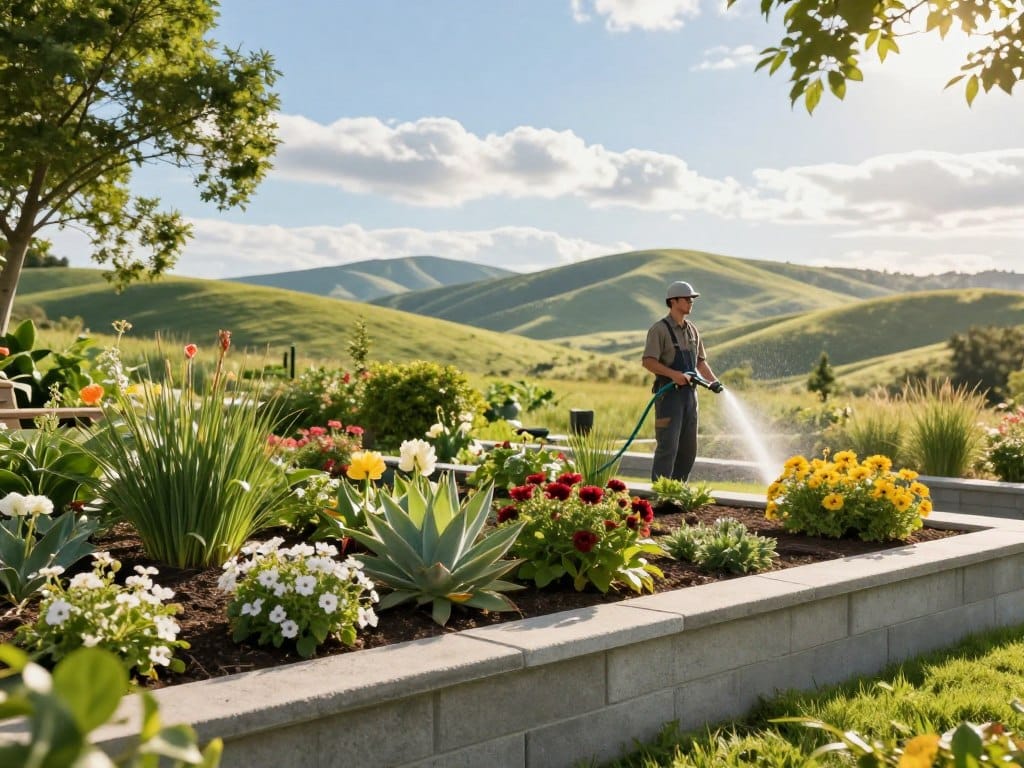 A serene landscape showcasing St. Clair Landscaping and Irrigation expertise. In the foreground, a neatly arranged garden with vibrant flowers and lush greenery, alongside a well-maintained concrete retaining wall made from durable blocks. The middle section features a skilled landscaper in professional attire, demonstrating irrigation techniques with a hose and tools. In the background, softly rolling hills under a clear blue sky evoke a peaceful atmosphere, while sunlight filters through gentle clouds, creating dappled light on the garden. The composition emphasizes expertise and serenity, capturing the essence of local landscaping tips from St. Clair. A serene landscape showcasing St. Clair Landscaping and Irrigation expertise. In the foreground, a neatly arranged garden with vibrant flowers and lush greenery, alongside a well-maintained concrete retaining wall made from durable blocks. The middle section features a skilled landscaper in professional attire, demonstrating irrigation techniques with a hose and tools. In the background, softly rolling hills under a clear blue sky evoke a peaceful atmosphere, while sunlight filters through gentle clouds, creating dappled light on the garden. The composition emphasizes expertise and serenity, capturing the essence of local landscaping tips from St. Clair.
