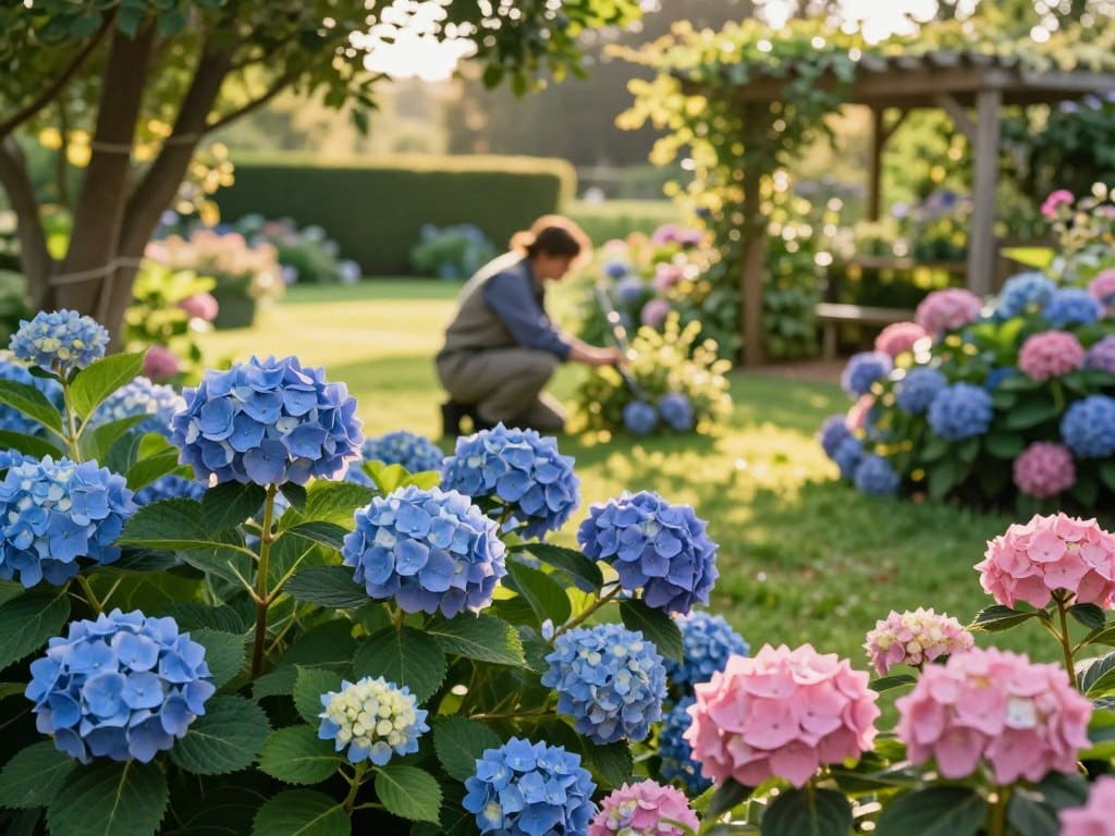 A serene outdoor scene featuring a lush garden filled with diverse hydrangea varieties in full bloom. In the foreground, vibrant blue and pink hydrangeas display their rounded clusters of delicate petals, surrounded by deep green leaves, showcasing their unique shapes and sizes. In the middle ground, a gardener kneels in professional attire, attentively pruning the plants, illuminated by warm, golden sunlight filtering through leafy trees overhead. The background reveals a soft, blurred landscape of a well-manicured lawn and a wooden trellis adorned with climbing vines, creating a peaceful atmosphere. The soft focus adds depth, evoking a sense of tranquility and care for these beautiful flowers. Light plays off the petals, enhancing their colors and textures, inviting viewers to appreciate the beauty of hydrangeas. A serene outdoor scene featuring a lush garden filled with diverse hydrangea varieties in full bloom. In the foreground, vibrant blue and pink hydrangeas display their rounded clusters of delicate petals, surrounded by deep green leaves, showcasing their unique shapes and sizes. In the middle ground, a gardener kneels in professional attire, attentively pruning the plants, illuminated by warm, golden sunlight filtering through leafy trees overhead. The background reveals a soft, blurred landscape of a well-manicured lawn and a wooden trellis adorned with climbing vines, creating a peaceful atmosphere. The soft focus adds depth, evoking a sense of tranquility and care for these beautiful flowers. Light plays off the petals, enhancing their colors and textures, inviting viewers to appreciate the beauty of hydrangeas.