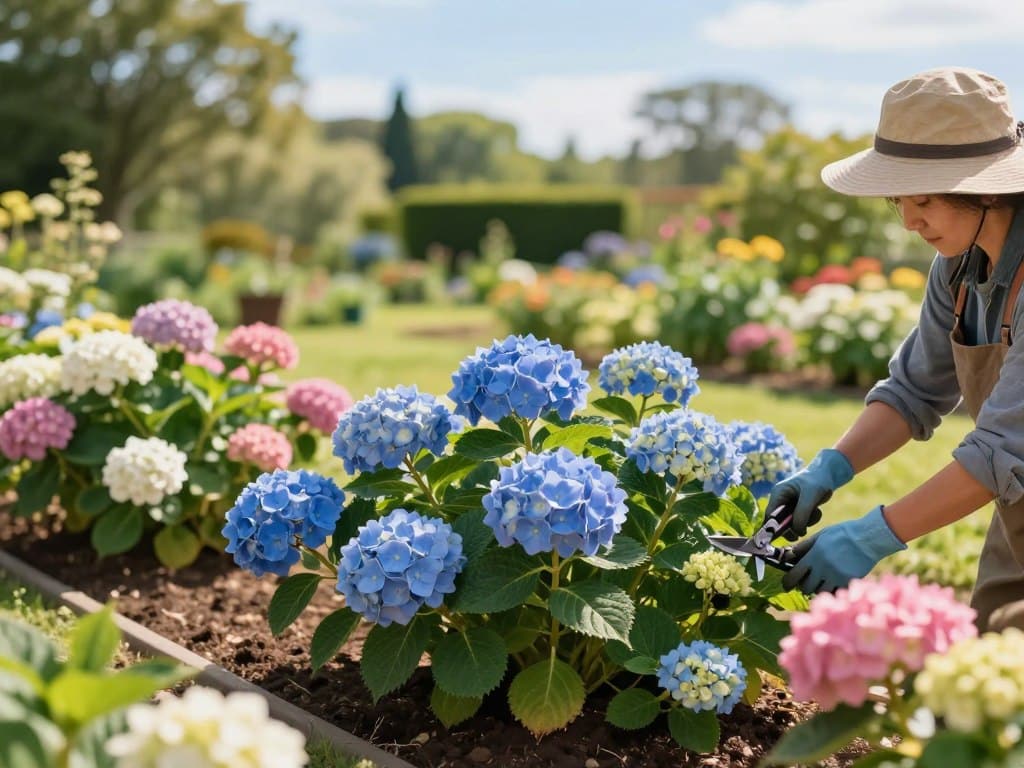 A serene outdoor scene showcasing vibrant hydrangeas in full bloom, featuring lush clusters of blue, pink, and white flowers. In the foreground, a gardener wearing a sun hat and gloves tends to the hydrangeas, carefully pruning the plants with shears. The middle ground includes a well-maintained garden bed with rich soil, highlighting the array of colors and textures of the hydrangeas. In the background, a soft-focus view of a sunny garden setting, with trees and a clear blue sky. The lighting is warm and inviting, creating a peaceful atmosphere. Use a shallow depth of field to emphasize the hydrangeas and the gardener, capturing the essence of caring for these beautiful blooms outdoors. A serene outdoor scene showcasing vibrant hydrangeas in full bloom, featuring lush clusters of blue, pink, and white flowers. In the foreground, a gardener wearing a sun hat and gloves tends to the hydrangeas, carefully pruning the plants with shears. The middle ground includes a well-maintained garden bed with rich soil, highlighting the array of colors and textures of the hydrangeas. In the background, a soft-focus view of a sunny garden setting, with trees and a clear blue sky. The lighting is warm and inviting, creating a peaceful atmosphere. Use a shallow depth of field to emphasize the hydrangeas and the gardener, capturing the essence of caring for these beautiful blooms outdoors.