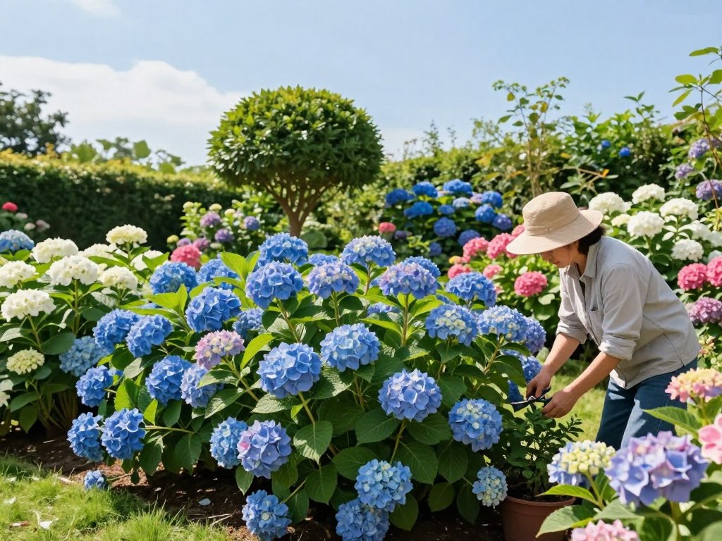 A serene summer garden filled with vibrant hydrangeas in shades of blue, pink, and white, showcasing their lush foliage and blooming flowers. In the foreground, a gardener in modest casual clothing gently tends to the plants, using pruning shears to shape the bushes. The middle ground features a variety of hydrangea species with their full blooms, trimmed neatly to emphasize their beauty. In the background, a clear blue sky with soft, diffused sunlight illuminates the scene, casting gentle shadows on the garden beds. The overall atmosphere is peaceful and nurturing, symbolizing the care needed for hydrangeas during the summer and fall seasons, inviting viewers to appreciate their vibrant colors and healthy growth. A serene summer garden filled with vibrant hydrangeas in shades of blue, pink, and white, showcasing their lush foliage and blooming flowers. In the foreground, a gardener in modest casual clothing gently tends to the plants, using pruning shears to shape the bushes. The middle ground features a variety of hydrangea species with their full blooms, trimmed neatly to emphasize their beauty. In the background, a clear blue sky with soft, diffused sunlight illuminates the scene, casting gentle shadows on the garden beds. The overall atmosphere is peaceful and nurturing, symbolizing the care needed for hydrangeas during the summer and fall seasons, inviting viewers to appreciate their vibrant colors and healthy growth.