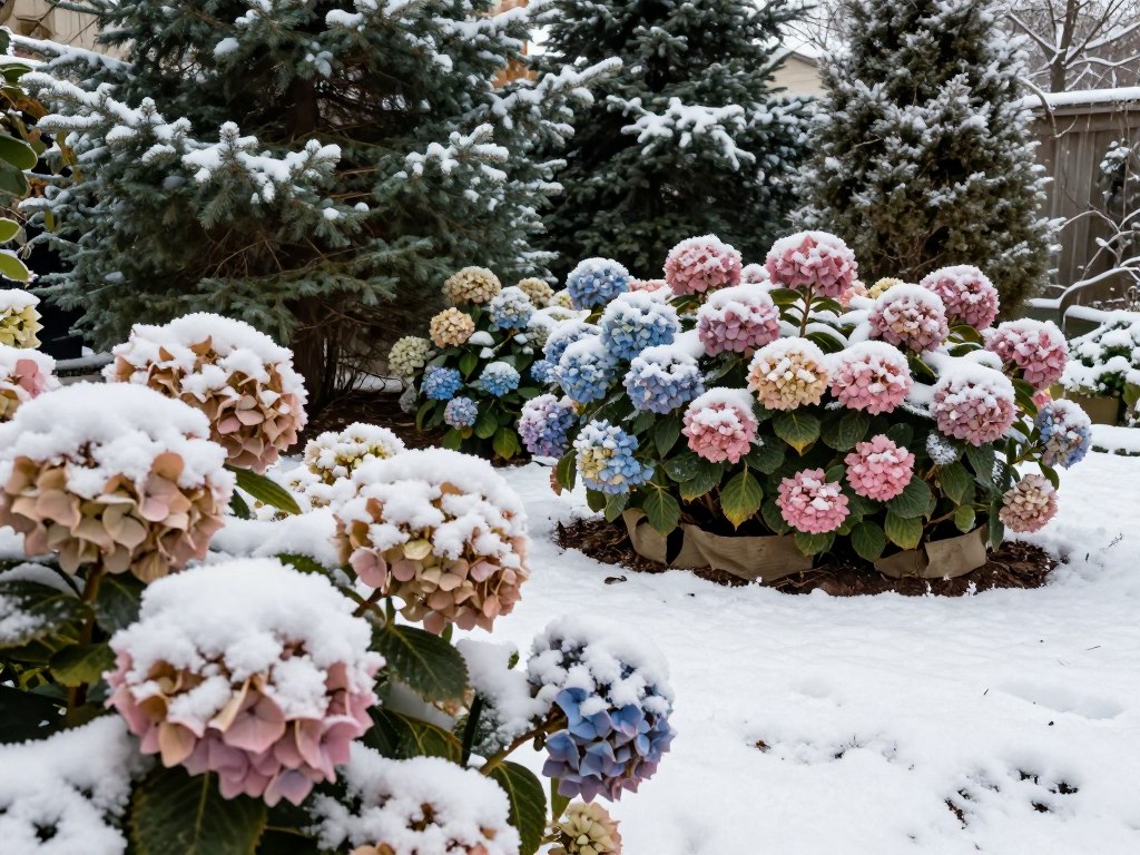 A serene winter garden featuring a variety of hydrangeas, delicately covered with a light dusting of snow. In the foreground, lush, dried hydrangea blooms showcase their muted shades of pink and blue, some partially encased in frosty crystals. The middle ground should display a well-mulched hydrangea bed, with protective burlap surrounding the base of the plants, hinting at care during the cold months. In the background, tall evergreen trees frame the scene, their dark green needles contrasting with the soft, white snow. The lighting is soft and diffused, reminiscent of a crisp winter morning, enhancing the tranquil atmosphere. The angle captures the beauty of the hydrangeas while emphasizing their winter care. A serene winter garden featuring a variety of hydrangeas, delicately covered with a light dusting of snow. In the foreground, lush, dried hydrangea blooms showcase their muted shades of pink and blue, some partially encased in frosty crystals. The middle ground should display a well-mulched hydrangea bed, with protective burlap surrounding the base of the plants, hinting at care during the cold months. In the background, tall evergreen trees frame the scene, their dark green needles contrasting with the soft, white snow. The lighting is soft and diffused, reminiscent of a crisp winter morning, enhancing the tranquil atmosphere. The angle captures the beauty of the hydrangeas while emphasizing their winter care.