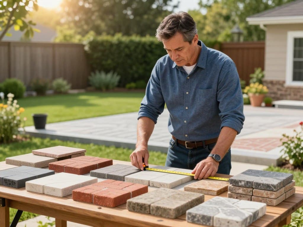 A vibrant outdoor scene showcasing a professional landscaper, dressed in smart casual attire, inspecting various high-quality materials for a paver patio. In the foreground, an array of colorful paver stones, including bricks and natural stones, are neatly organized on a wooden table. In the middle ground, the landscaper, a middle-aged individual with a thoughtful expression, is using a measuring tape to assess size and fit. In the background, a lush green yard is visible, with an existing patio area that highlights the importance of durable materials. The sunlight filters through the trees, creating a warm and inviting atmosphere. The composition should have a slight depth of field, focusing on the landscaper and materials, while softly blurring the background to emphasize the subject. A vibrant outdoor scene showcasing a professional landscaper, dressed in smart casual attire, inspecting various high-quality materials for a paver patio. In the foreground, an array of colorful paver stones, including bricks and natural stones, are neatly organized on a wooden table. In the middle ground, the landscaper, a middle-aged individual with a thoughtful expression, is using a measuring tape to assess size and fit. In the background, a lush green yard is visible, with an existing patio area that highlights the importance of durable materials. The sunlight filters through the trees, creating a warm and inviting atmosphere. The composition should have a slight depth of field, focusing on the landscaper and materials, while softly blurring the background to emphasize the subject.